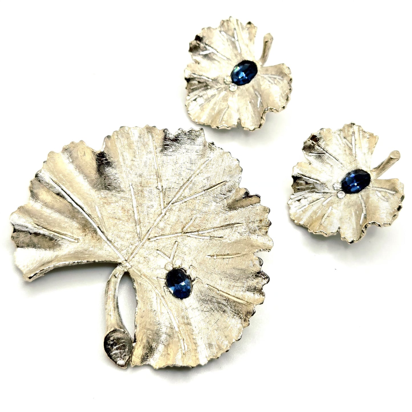 Vintage BSK Blue Rhinestone Bug Leaf Brooch Pin & Clip On Earrings Set Silver Tone