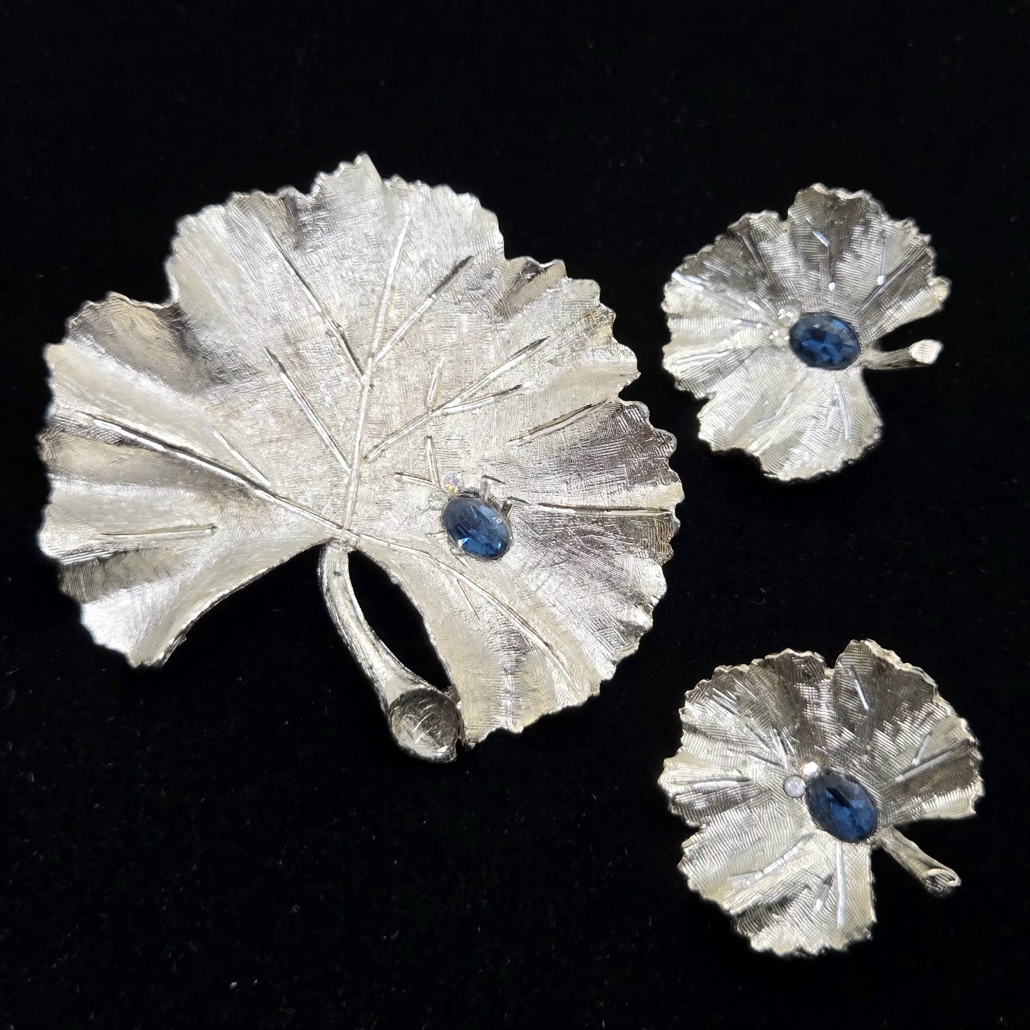Vintage BSK Blue Rhinestone Bug Leaf Brooch Pin & Clip On Earrings Set Silver Tone