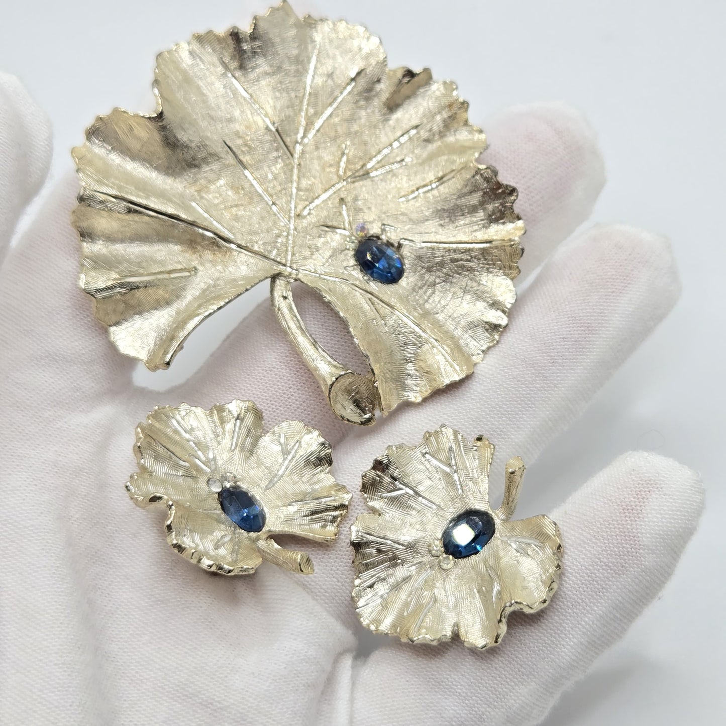 Vintage BSK Blue Rhinestone Bug Leaf Brooch Pin & Clip On Earrings Set Silver Tone
