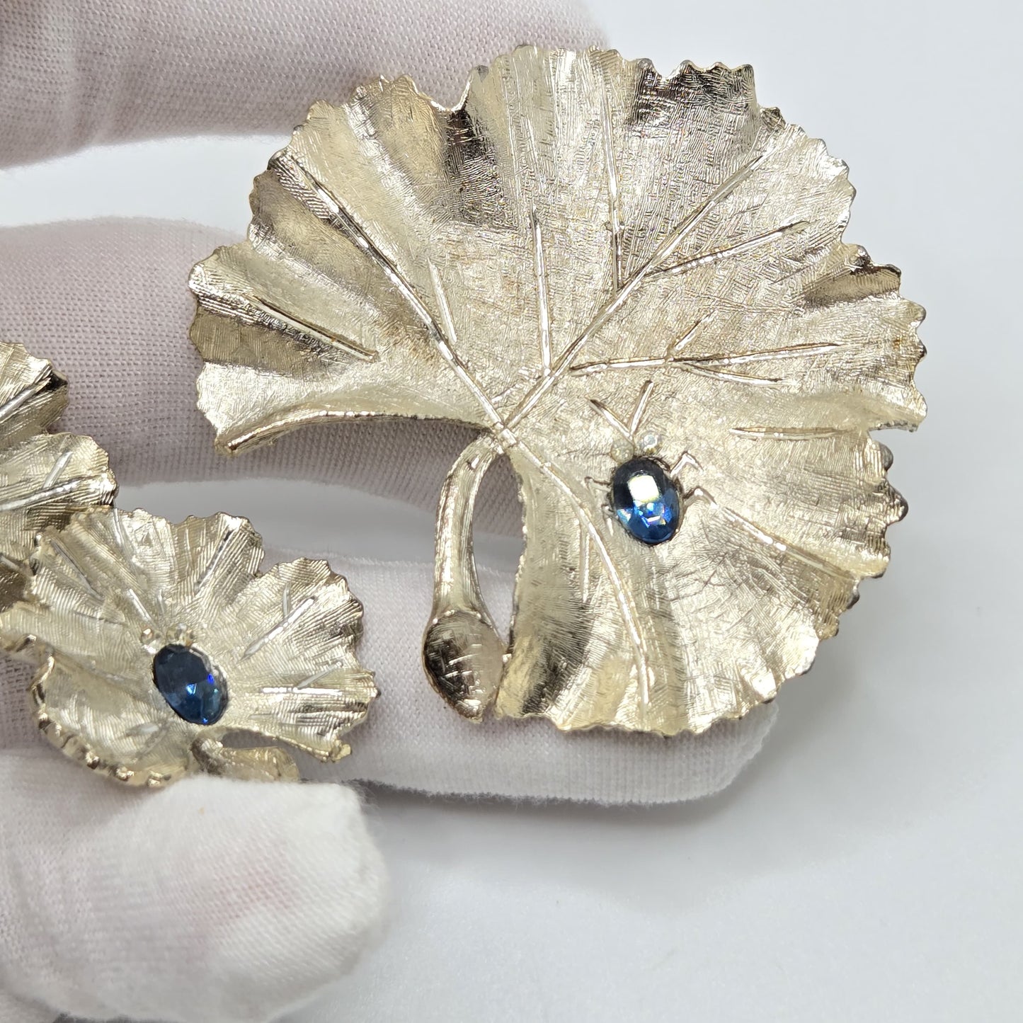 Vintage BSK Blue Rhinestone Bug Leaf Brooch Pin & Clip On Earrings Set Silver Tone