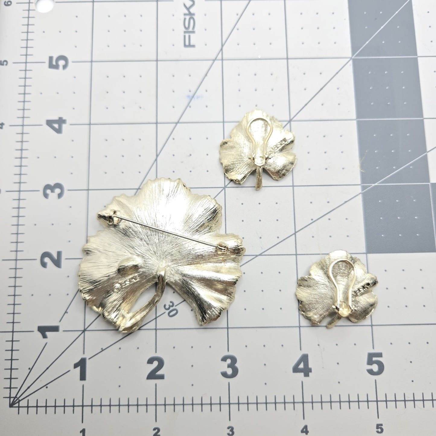 Vintage BSK Blue Rhinestone Bug Leaf Brooch Pin & Clip On Earrings Set Silver Tone