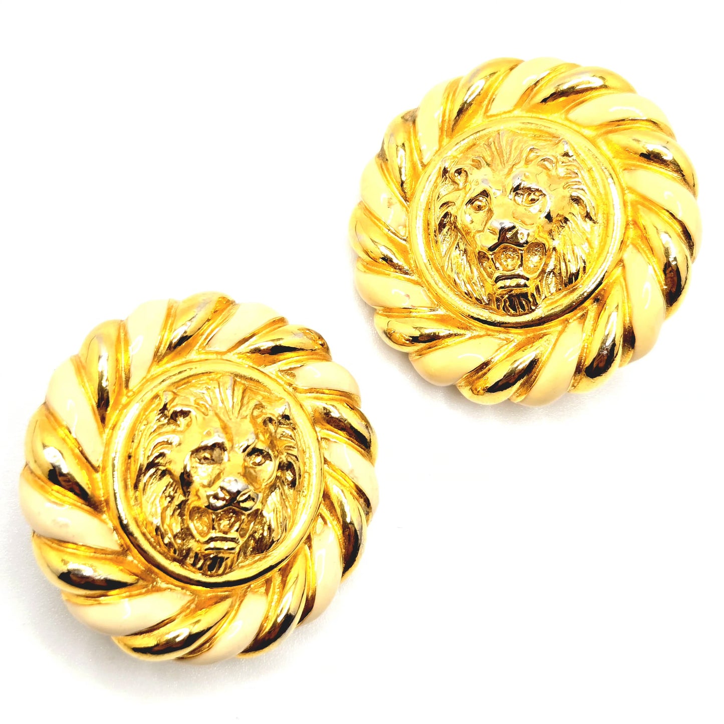Vintage Anne Klein Lion Head Clip-On Earrings Large Round Cream Enamel Gold Tone Statement