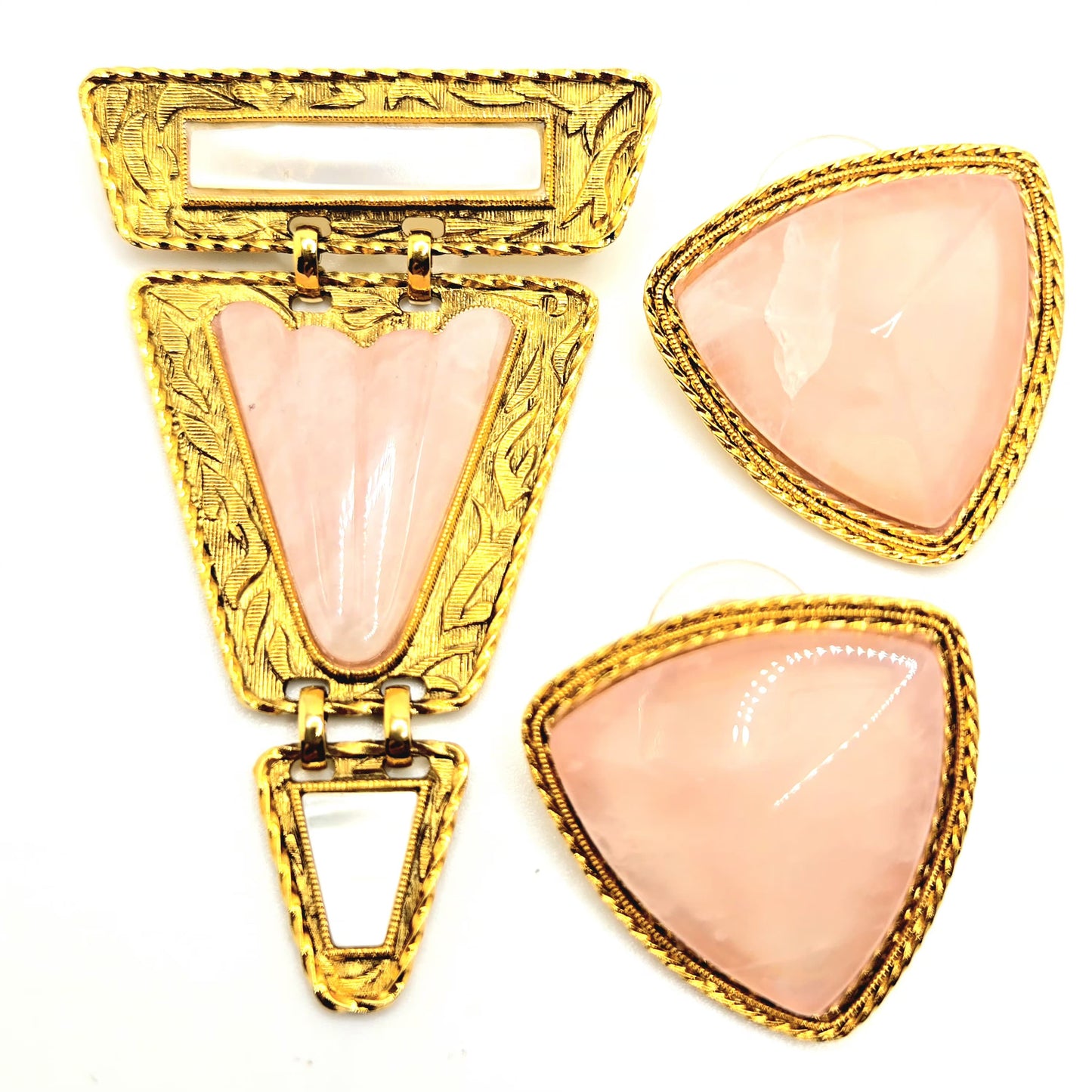 Vintage 1928 Pink Rose Quartz Gold-Tone Brooch Pin with Earrings Set