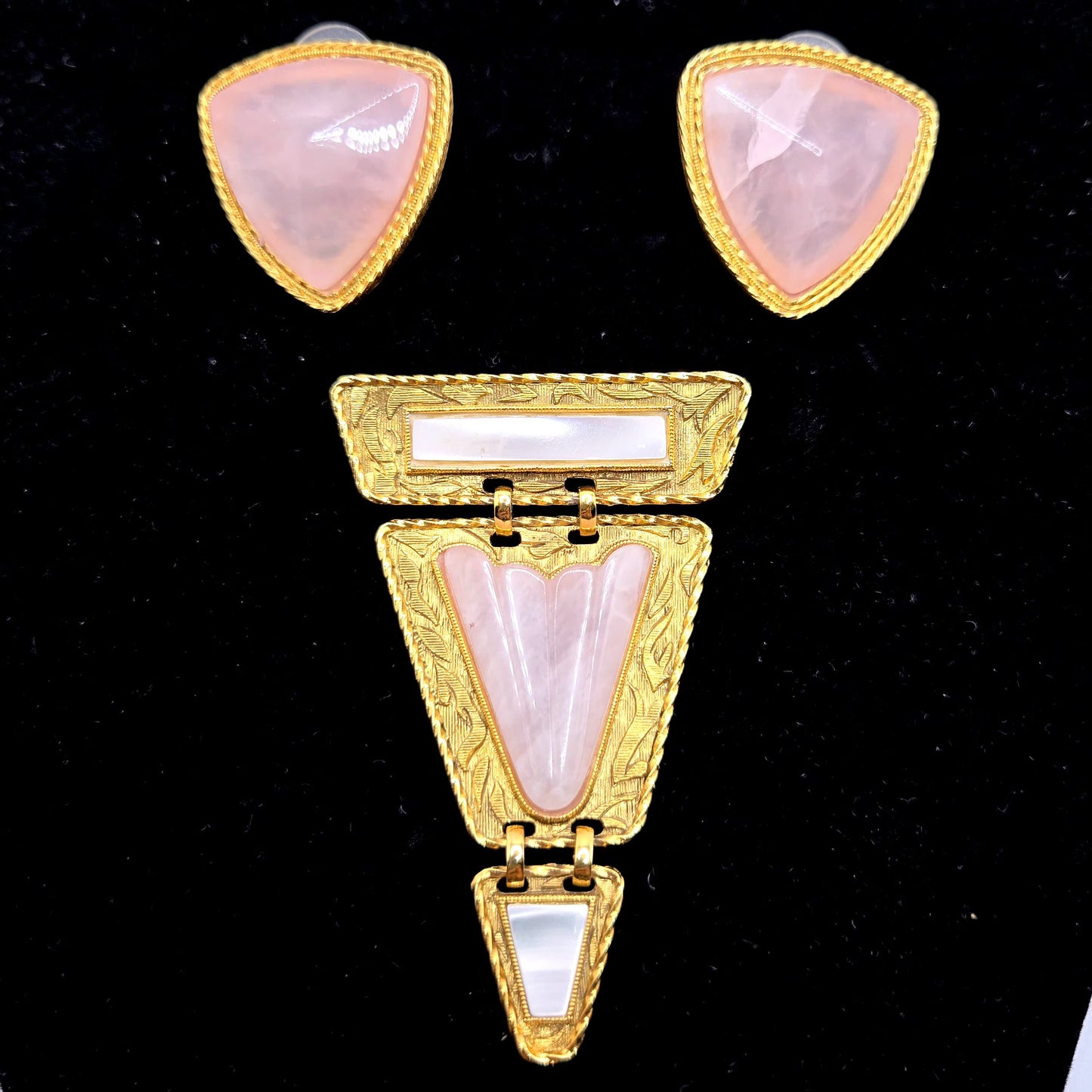 Vintage 1928 Pink Rose Quartz Gold-Tone Brooch Pin with Earrings Set