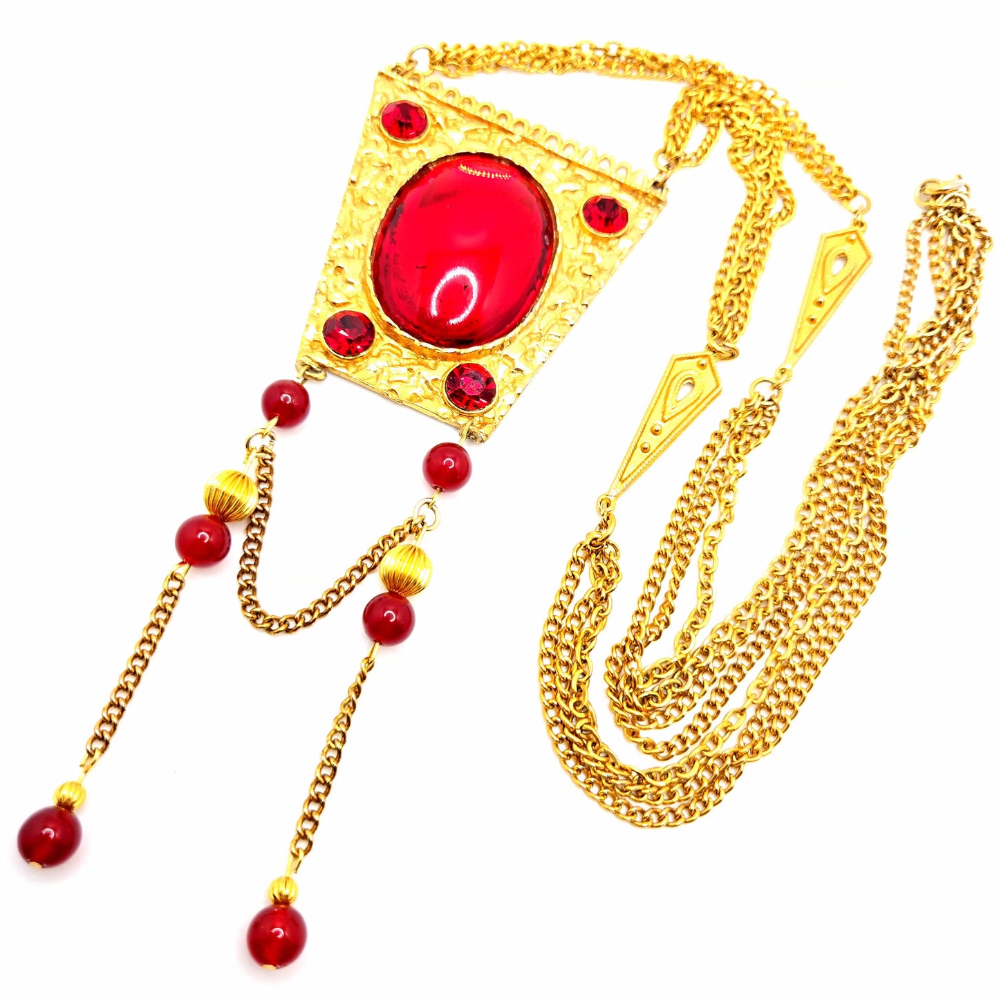 Vintage Statement Necklace With Large Red Cabochon, Beads, Gold-Tone Chain Dangle Necklace