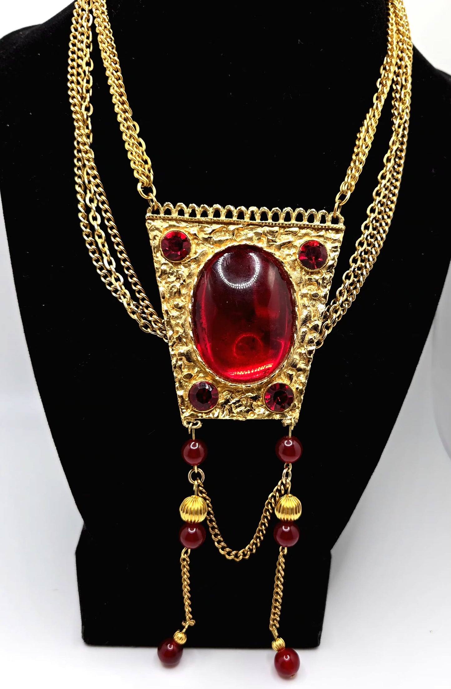 Vintage Statement Necklace With Large Red Cabochon, Beads, Gold-Tone Chain Dangle Necklace