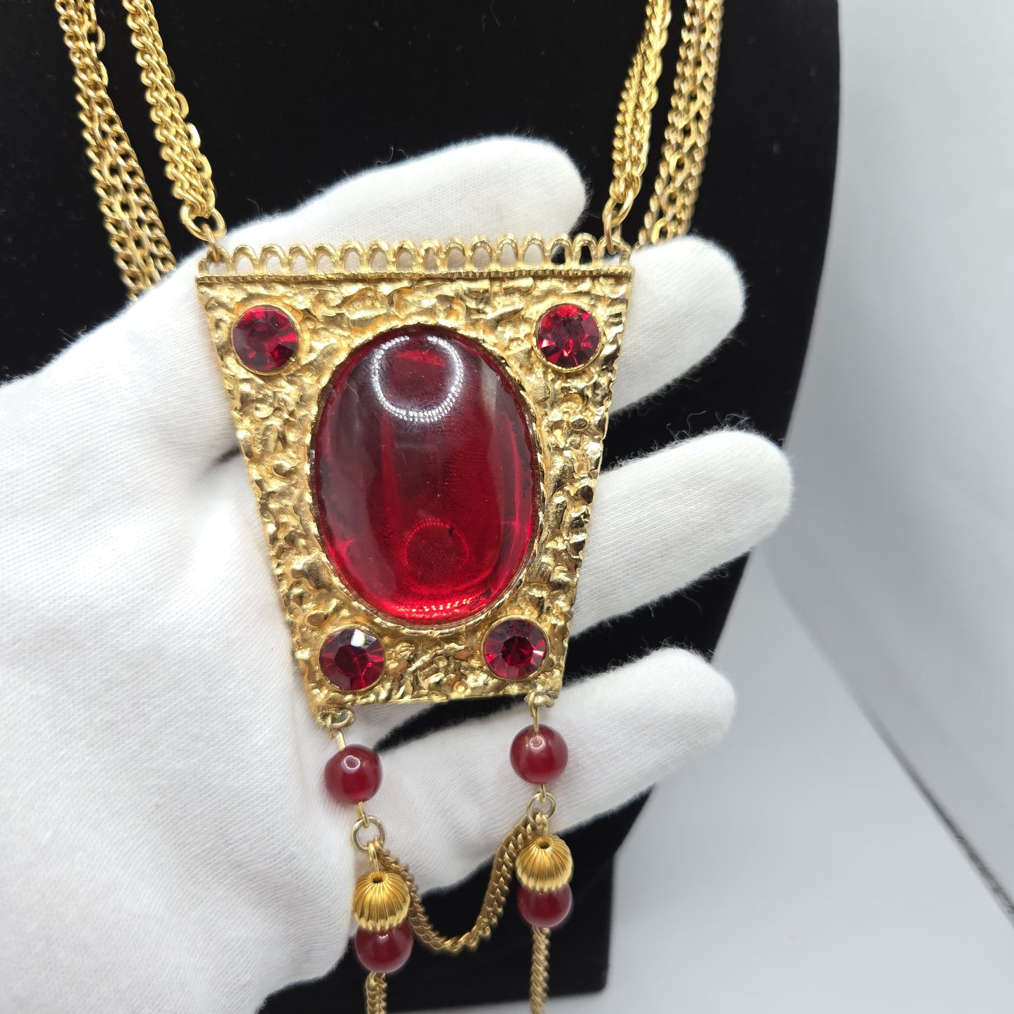 Vintage Statement Necklace With Large Red Cabochon, Beads, Gold-Tone Chain Dangle Necklace