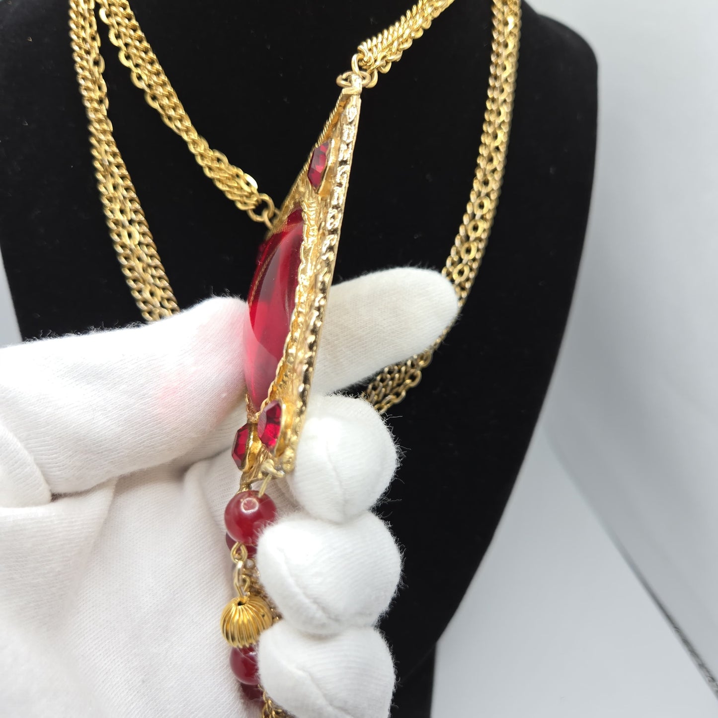 Vintage Statement Necklace With Large Red Cabochon, Beads, Gold-Tone Chain Dangle Necklace