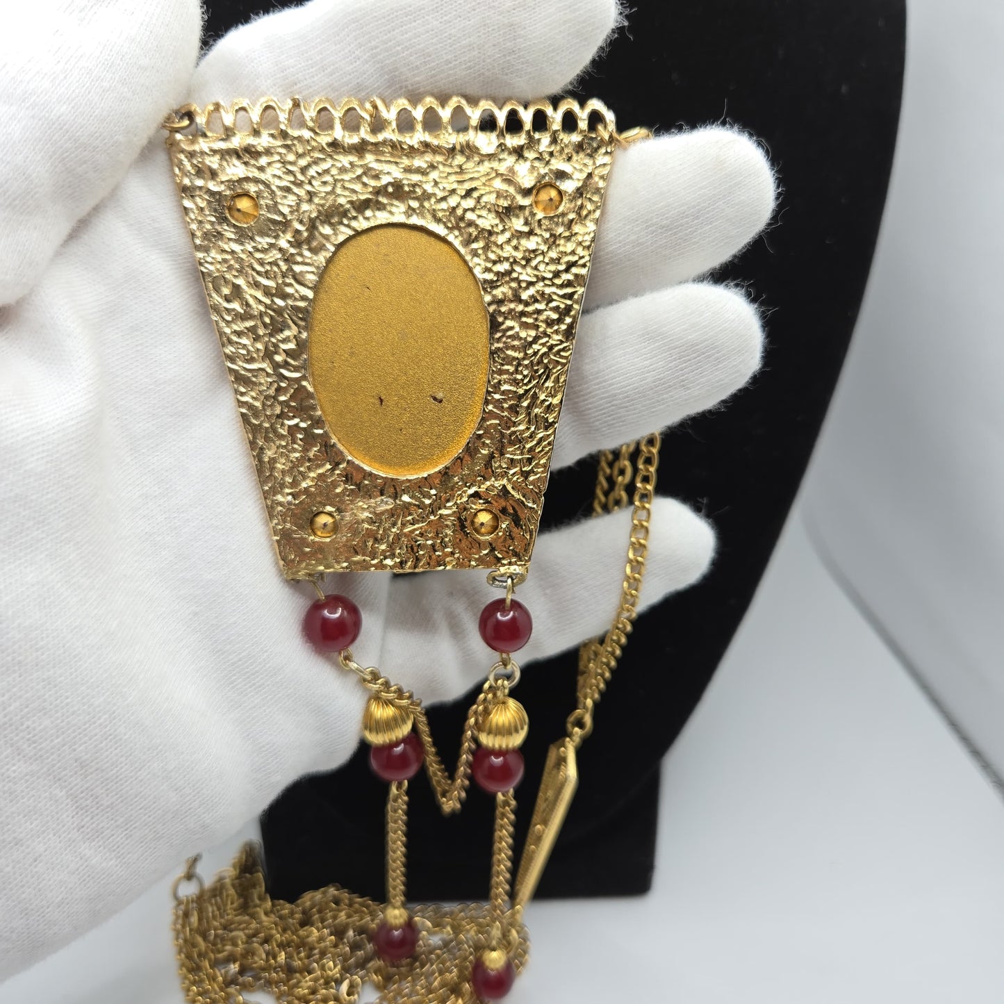 Vintage Statement Necklace With Large Red Cabochon, Beads, Gold-Tone Chain Dangle Necklace
