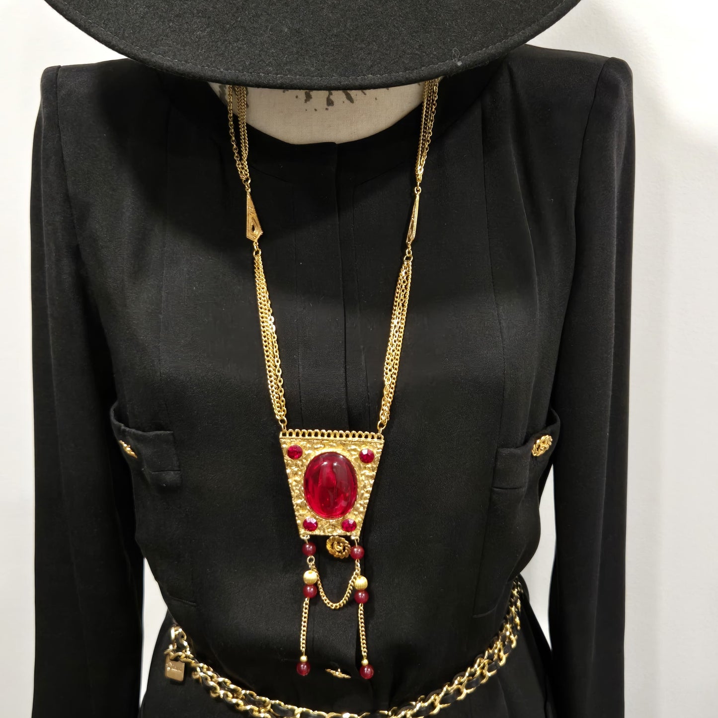 Vintage Statement Necklace With Large Red Cabochon, Beads, Gold-Tone Chain Dangle Necklace