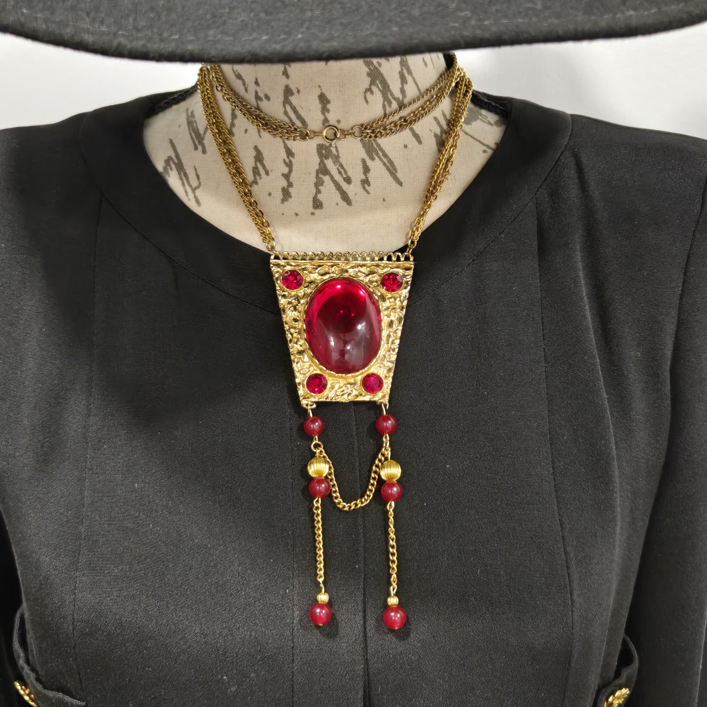 Vintage Statement Necklace With Large Red Cabochon, Beads, Gold-Tone Chain Dangle Necklace