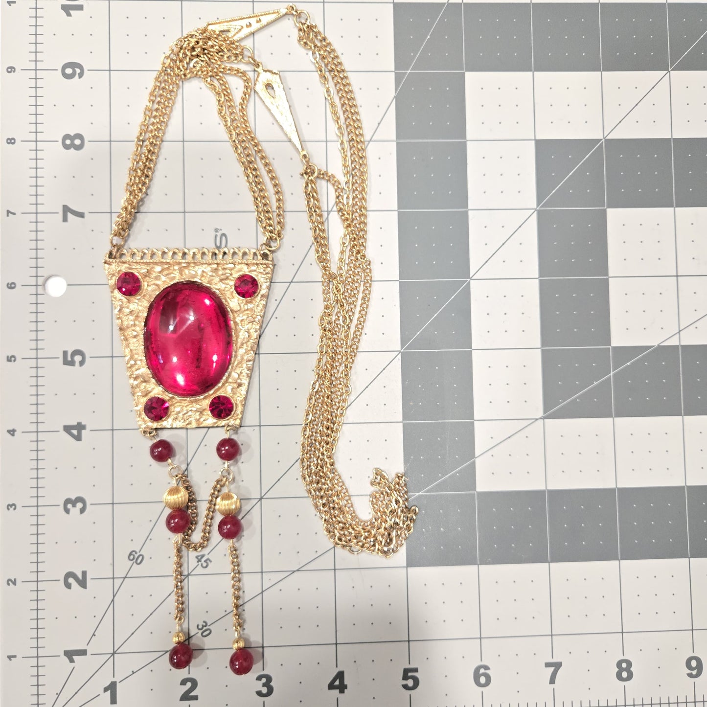 Vintage Statement Necklace With Large Red Cabochon, Beads, Gold-Tone Chain Dangle Necklace