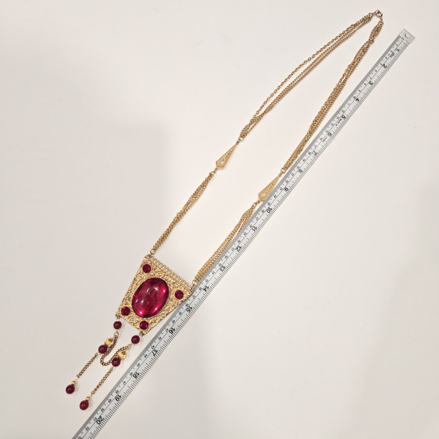 Vintage Statement Necklace With Large Red Cabochon, Beads, Gold-Tone Chain Dangle Necklace