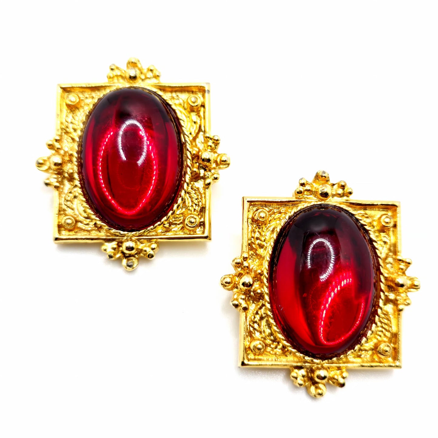 Vintage Designer Runway Clip-On Earrings Red Cabochon Gold-Tone Statement