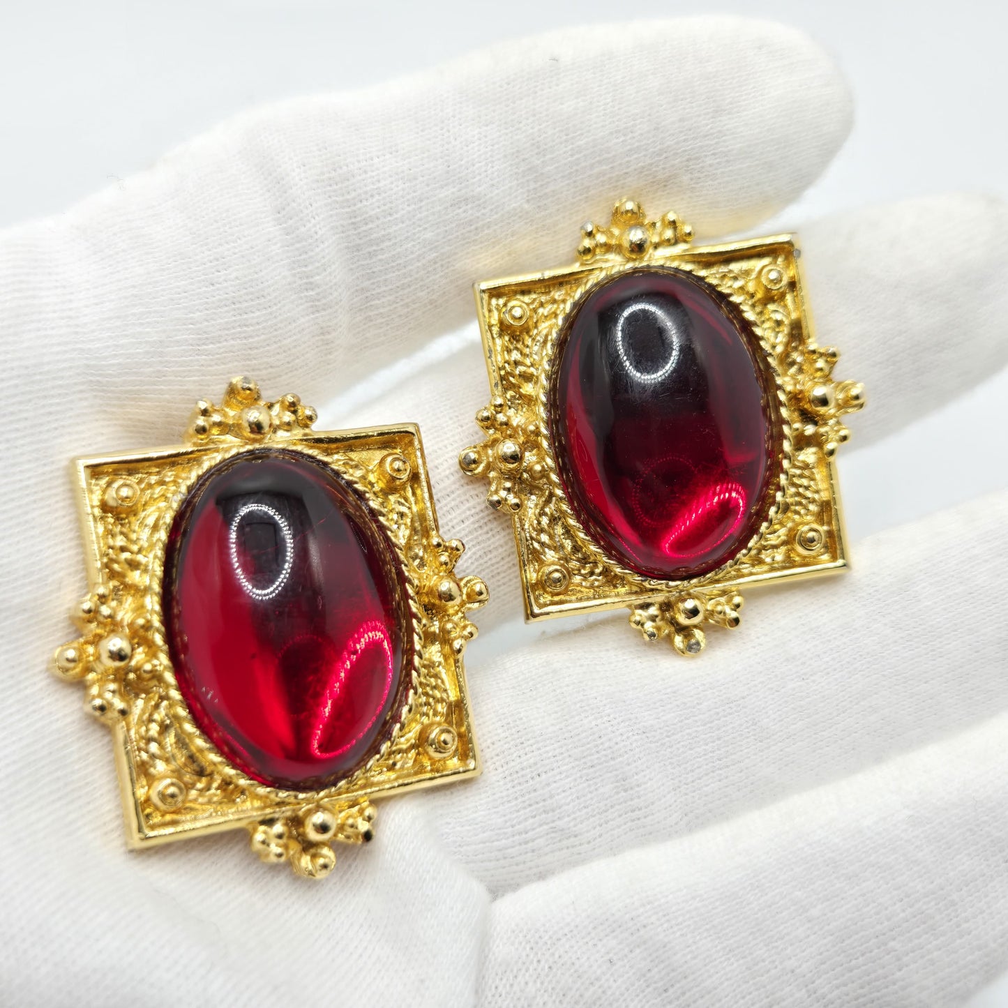 Vintage Designer Runway Clip-On Earrings Red Cabochon Gold-Tone Statement