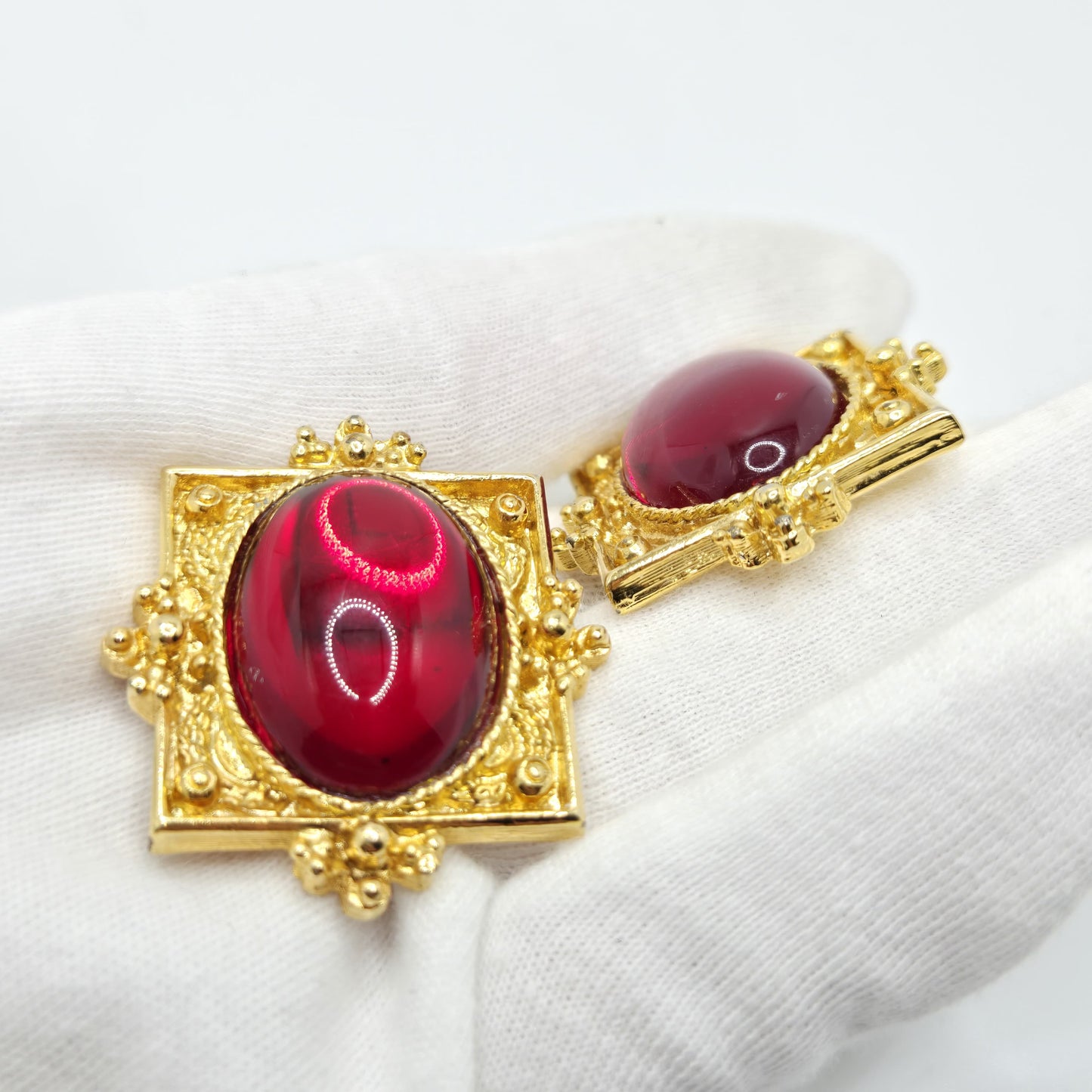Vintage Designer Runway Clip-On Earrings Red Cabochon Gold-Tone Statement