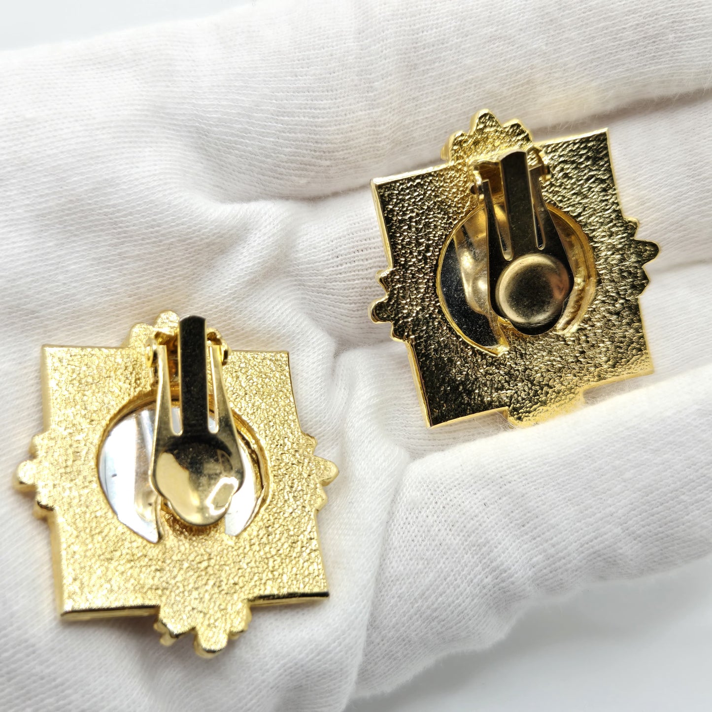 Vintage Designer Runway Clip-On Earrings Red Cabochon Gold-Tone Statement