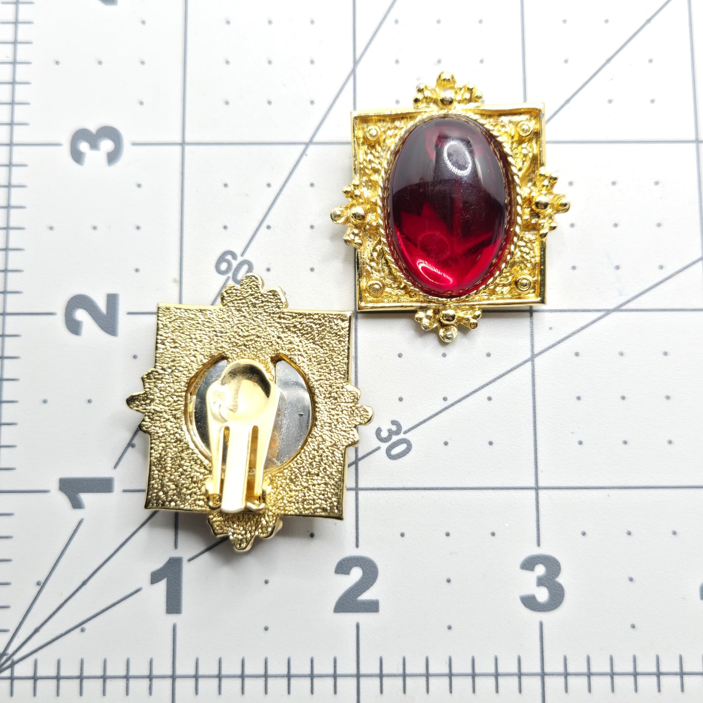 Vintage Designer Runway Clip-On Earrings Red Cabochon Gold-Tone Statement