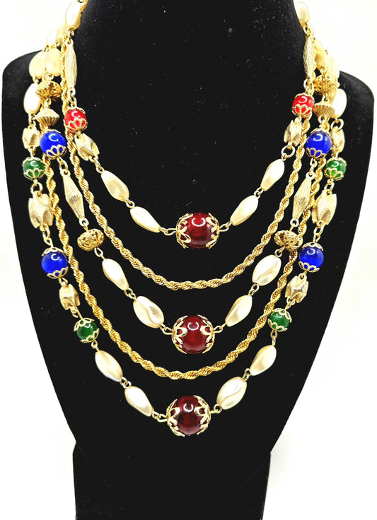 Vintage 5-Strand Multicolor Glass Bead & Faux Pearl Gold Tone Chain Necklace