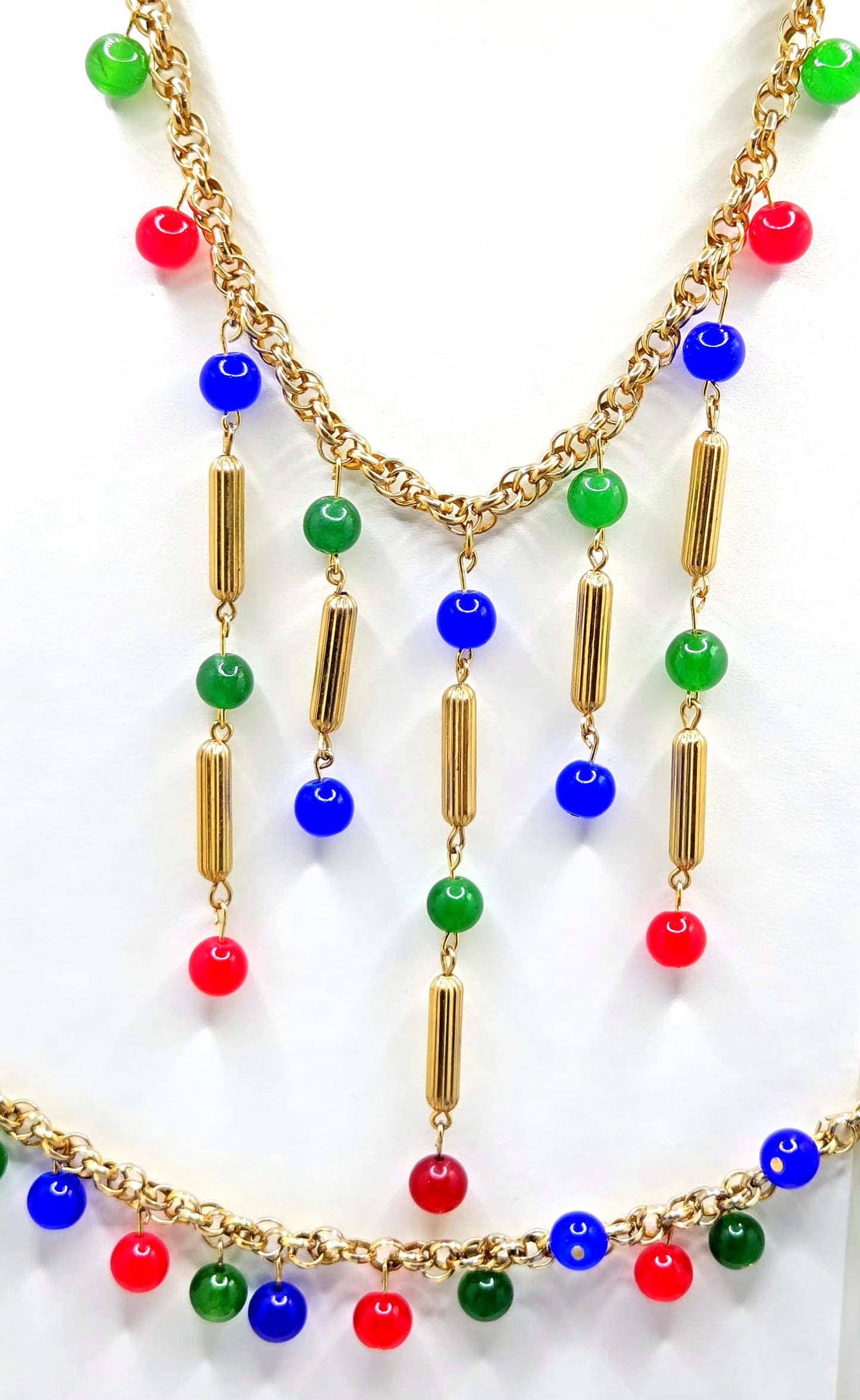 Vintage Statement Necklace and Bracelet Set, Gold Tone Chain with Red, Blue, Green Glass Beads