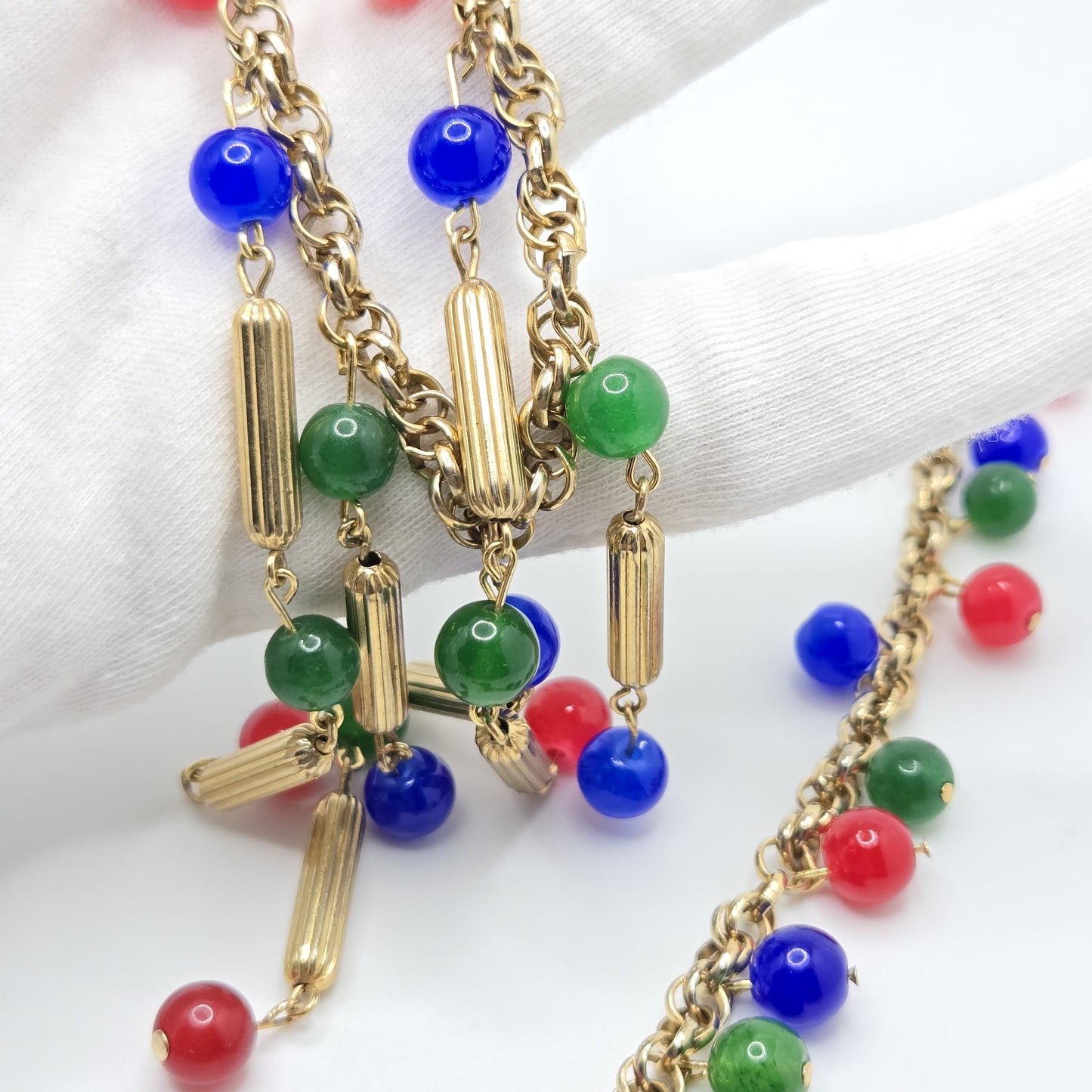 Vintage Statement Necklace and Bracelet Set, Gold Tone Chain with Red, Blue, Green Glass Beads