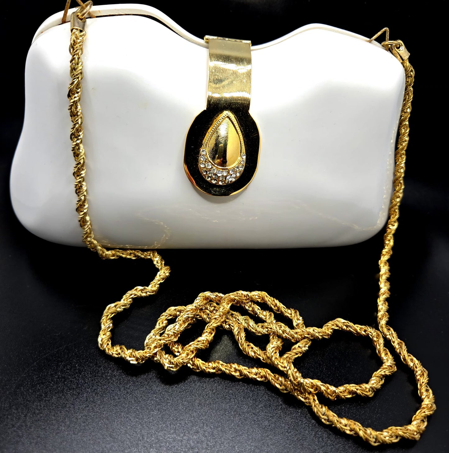 Vintage LE-ANN White Lucite Hard Clutch with Gold-Tone Shoulder Chain & Rhinestone Accents Evening Purse