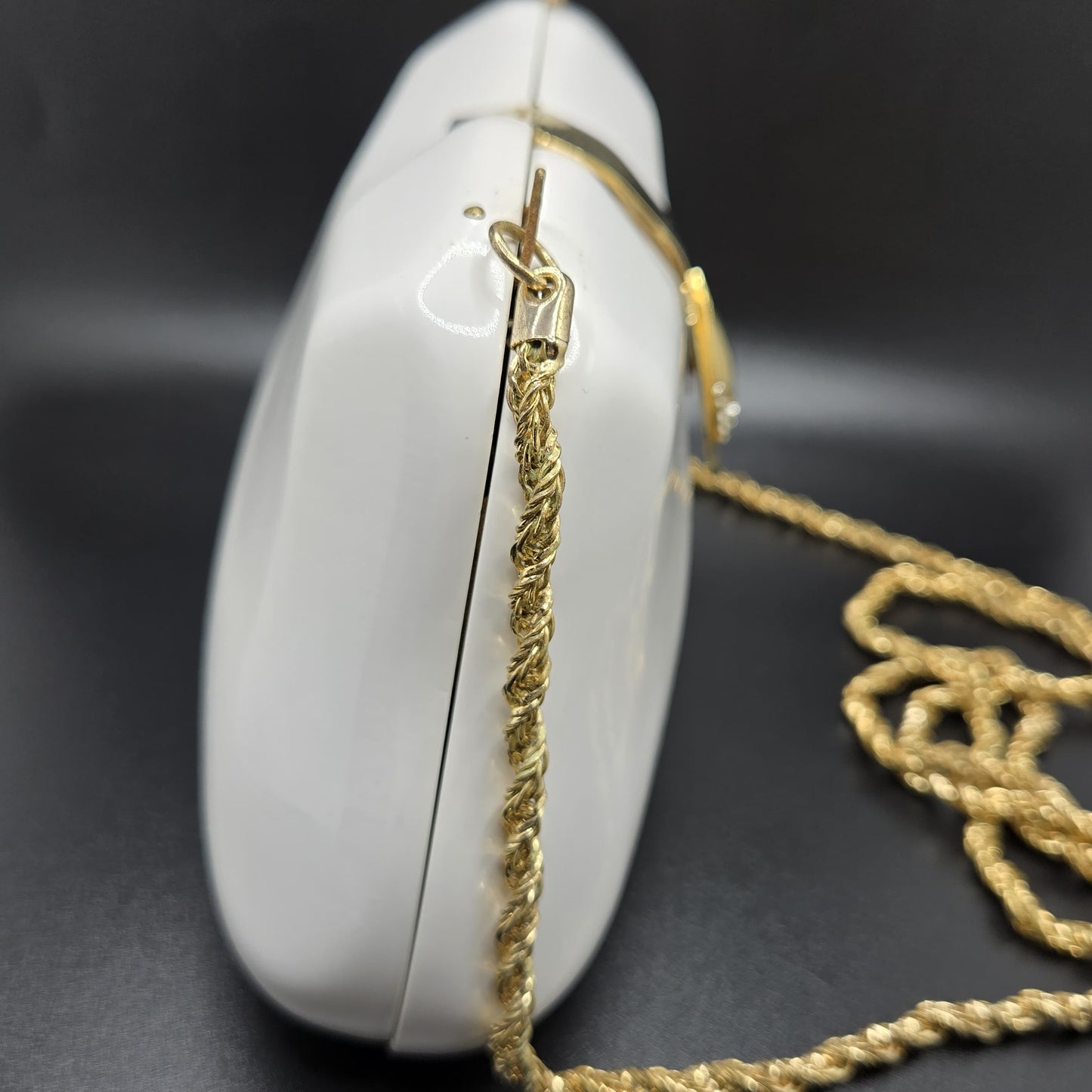 Vintage LE-ANN White Lucite Hard Clutch with Gold-Tone Shoulder Chain & Rhinestone Accents Evening Purse