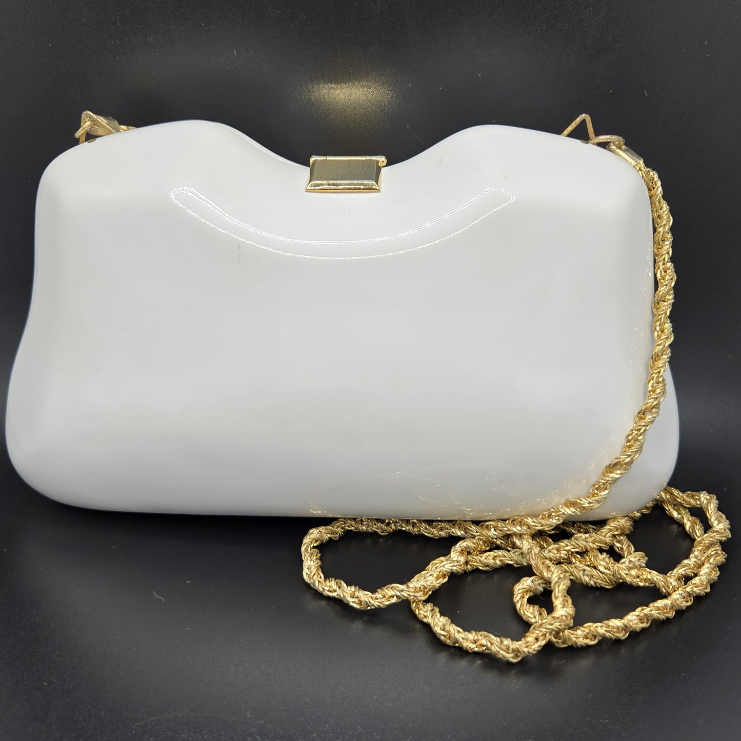 Vintage LE-ANN White Lucite Hard Clutch with Gold-Tone Shoulder Chain & Rhinestone Accents Evening Purse