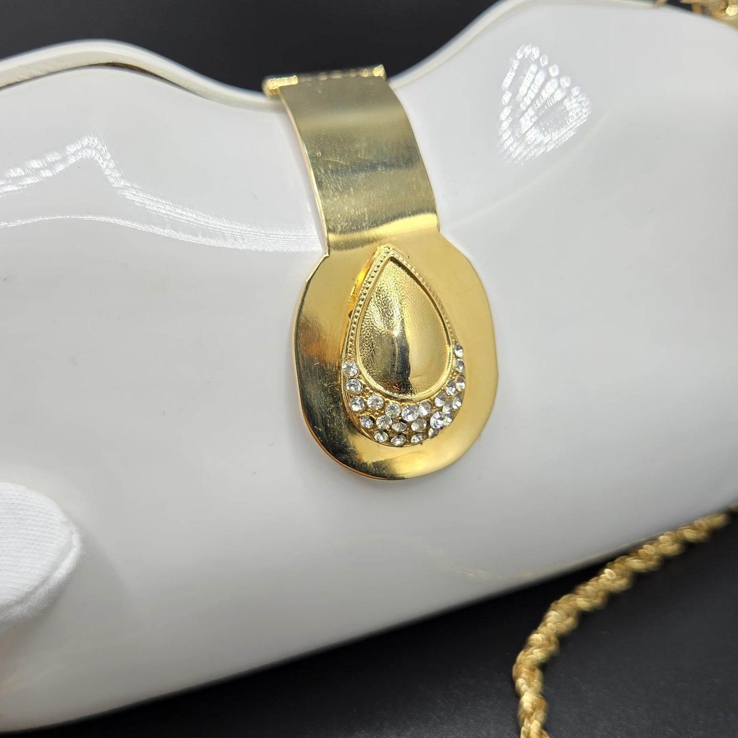 Vintage LE-ANN White Lucite Hard Clutch with Gold-Tone Shoulder Chain & Rhinestone Accents Evening Purse