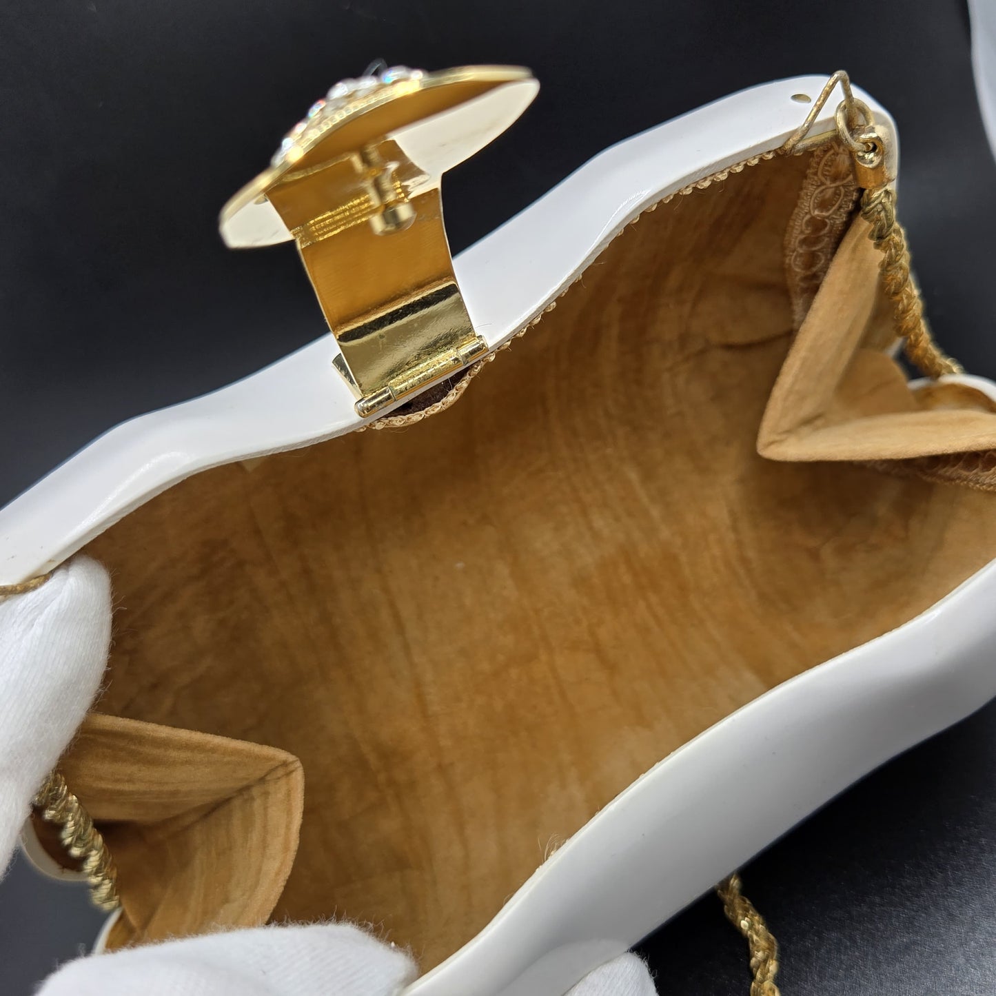 Vintage LE-ANN White Lucite Hard Clutch with Gold-Tone Shoulder Chain & Rhinestone Accents Evening Purse