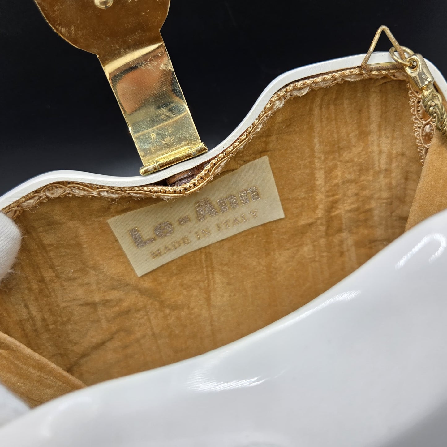 Vintage LE-ANN White Lucite Hard Clutch with Gold-Tone Shoulder Chain & Rhinestone Accents Evening Purse