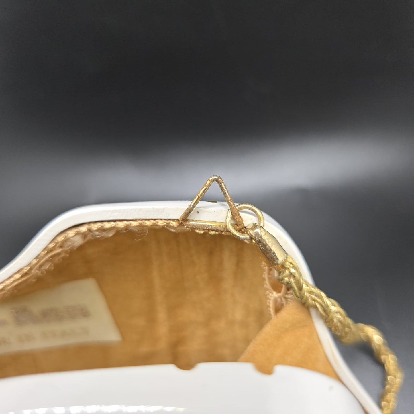 Vintage LE-ANN White Lucite Hard Clutch with Gold-Tone Shoulder Chain & Rhinestone Accents Evening Purse