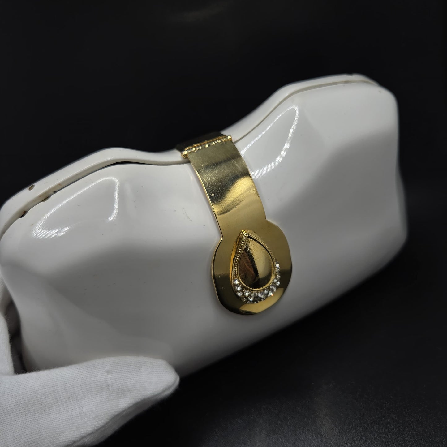 Vintage LE-ANN White Lucite Hard Clutch with Gold-Tone Shoulder Chain & Rhinestone Accents Evening Purse