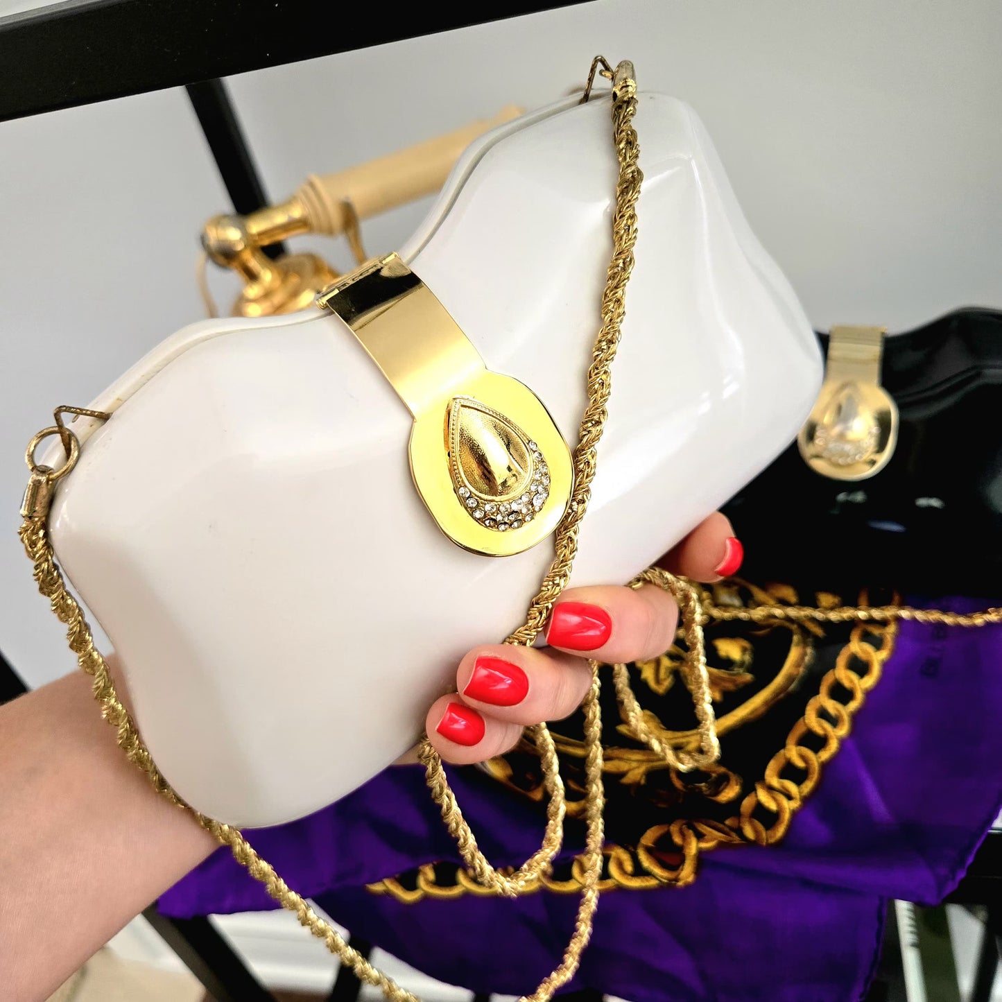 Vintage LE-ANN White Lucite Hard Clutch with Gold-Tone Shoulder Chain & Rhinestone Accents Evening Purse