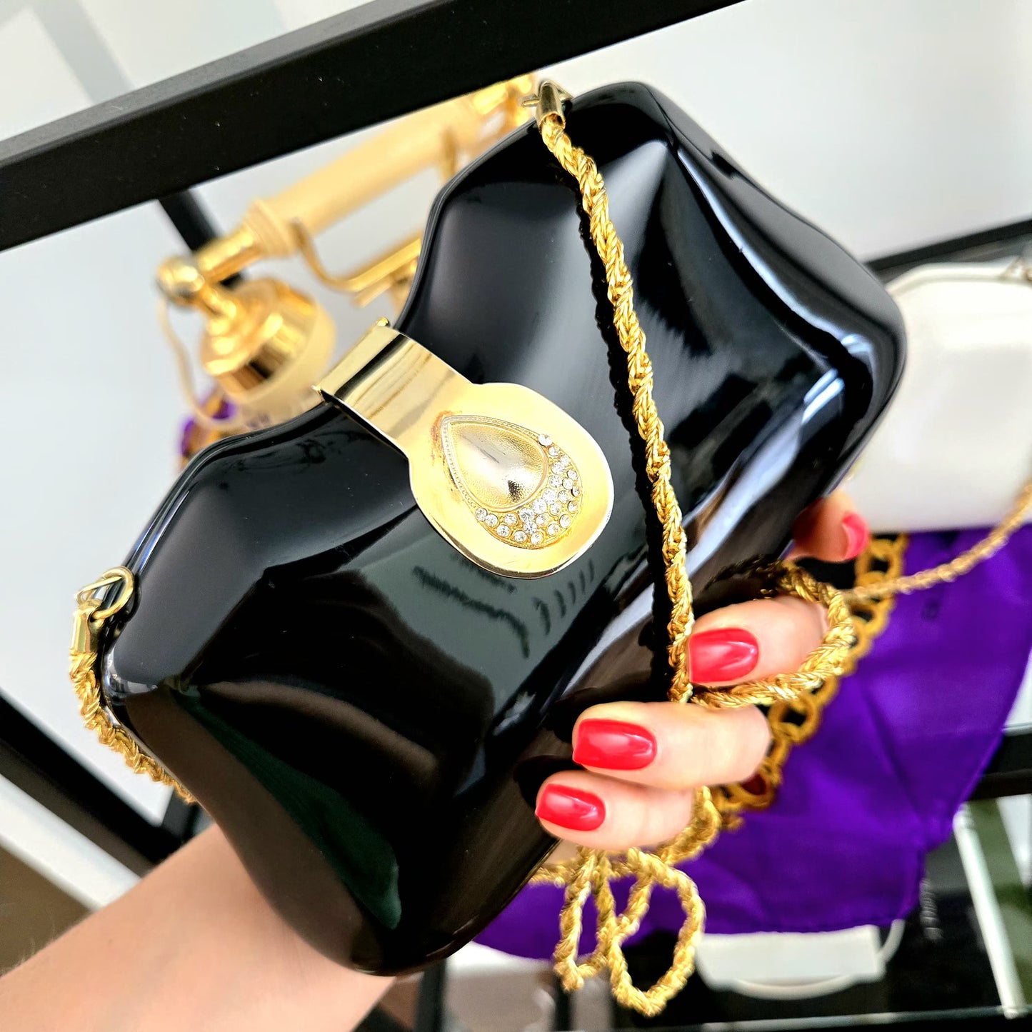 Vintage LE-ANN Black Lucite Hard Clutch with Gold-Tone Shoulder Chain & Rhinestone Accents Evening Purse