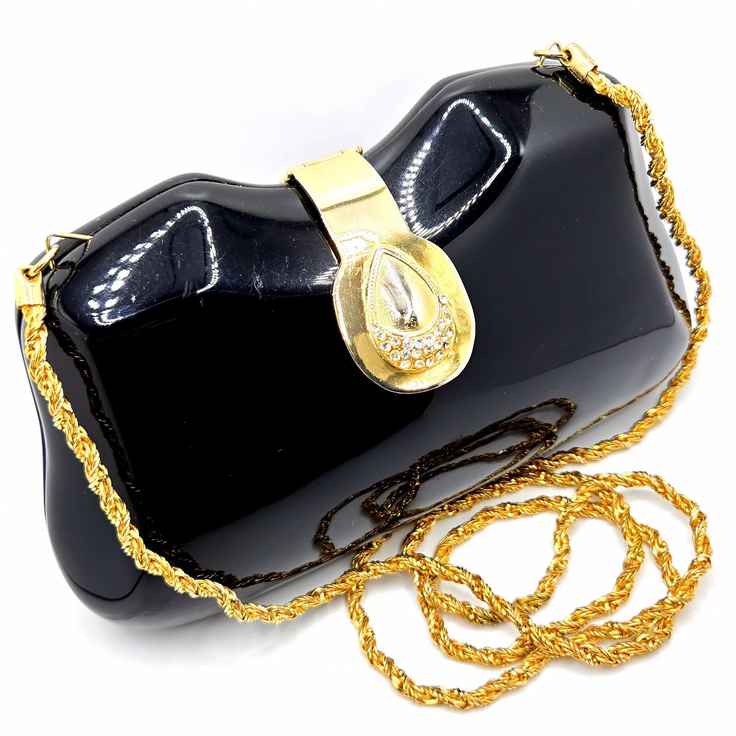 Vintage LE-ANN Black Lucite Hard Clutch with Gold-Tone Shoulder Chain & Rhinestone Accents Evening Purse