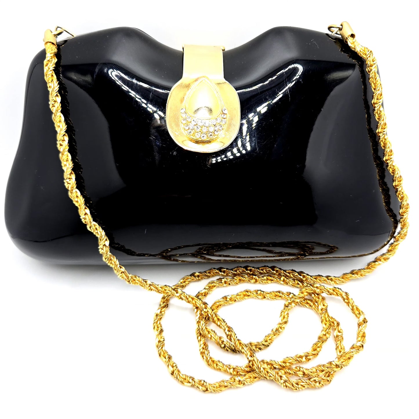 Vintage LE-ANN Black Lucite Hard Clutch with Gold-Tone Shoulder Chain & Rhinestone Accents Evening Purse