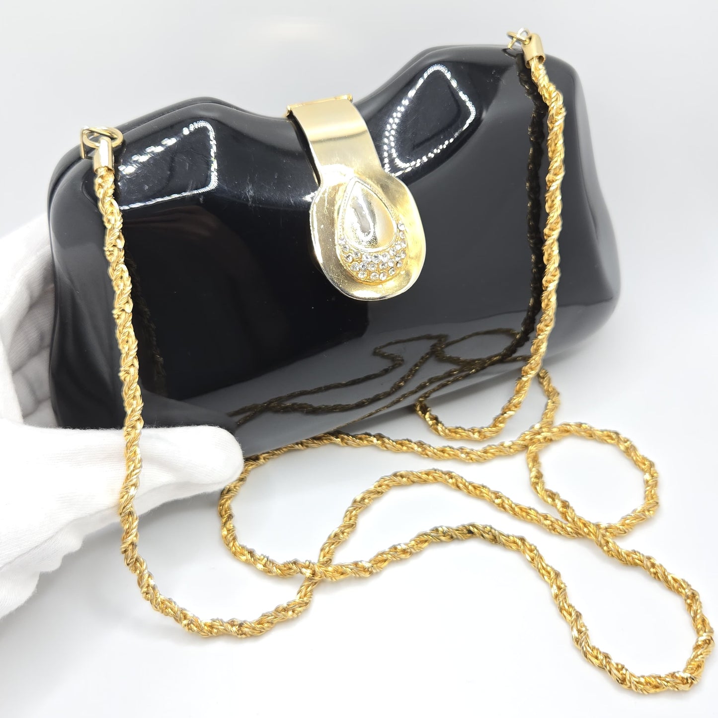 Vintage LE-ANN Black Lucite Hard Clutch with Gold-Tone Shoulder Chain & Rhinestone Accents Evening Purse