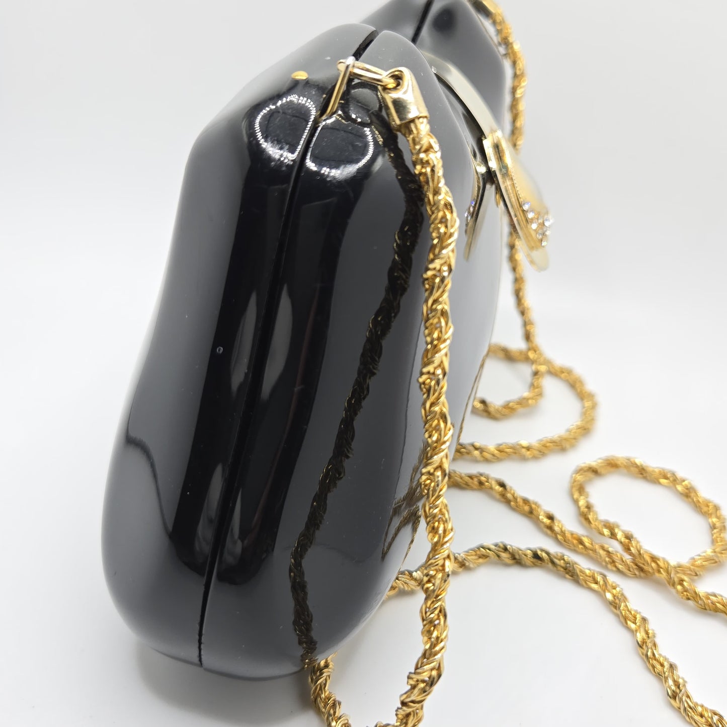 Vintage LE-ANN Black Lucite Hard Clutch with Gold-Tone Shoulder Chain & Rhinestone Accents Evening Purse