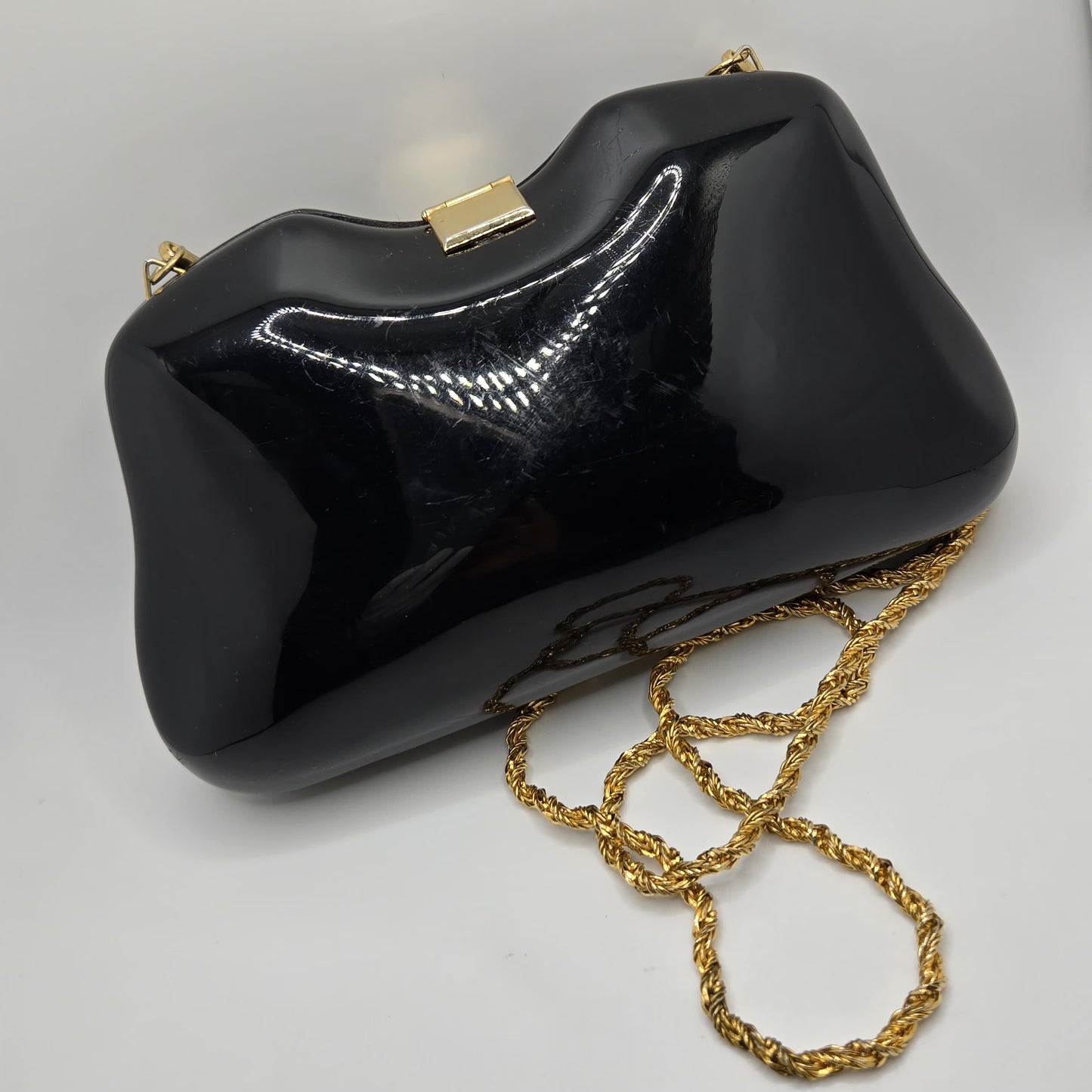 Vintage LE-ANN Black Lucite Hard Clutch with Gold-Tone Shoulder Chain & Rhinestone Accents Evening Purse