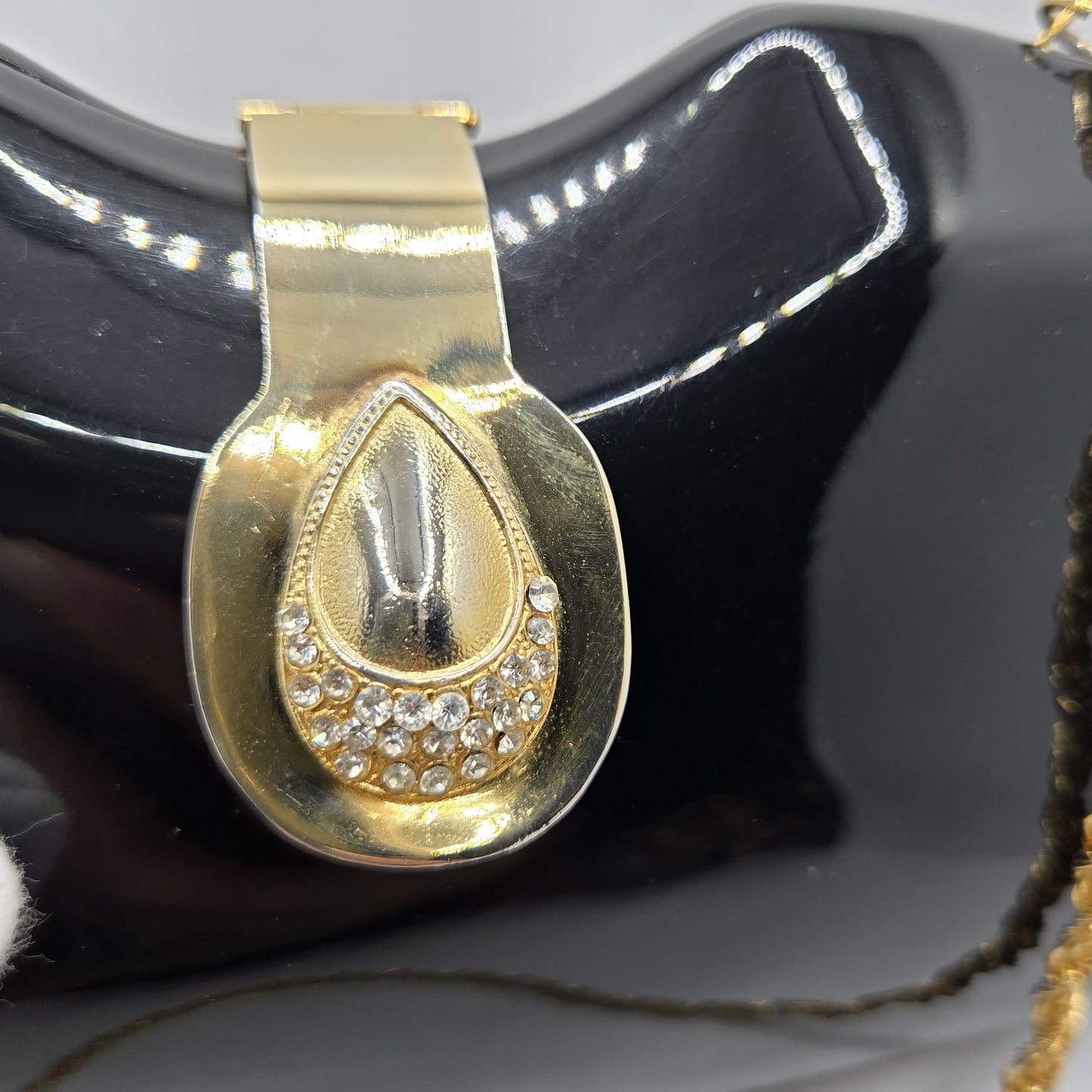Vintage LE-ANN Black Lucite Hard Clutch with Gold-Tone Shoulder Chain & Rhinestone Accents Evening Purse