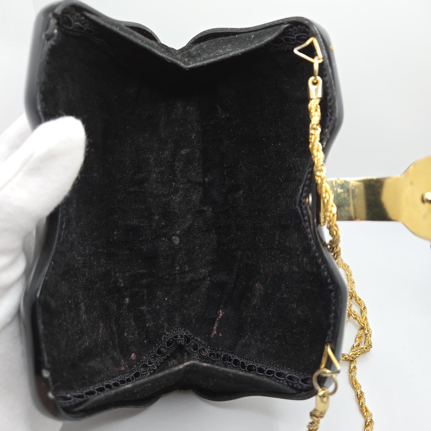 Vintage LE-ANN Black Lucite Hard Clutch with Gold-Tone Shoulder Chain & Rhinestone Accents Evening Purse