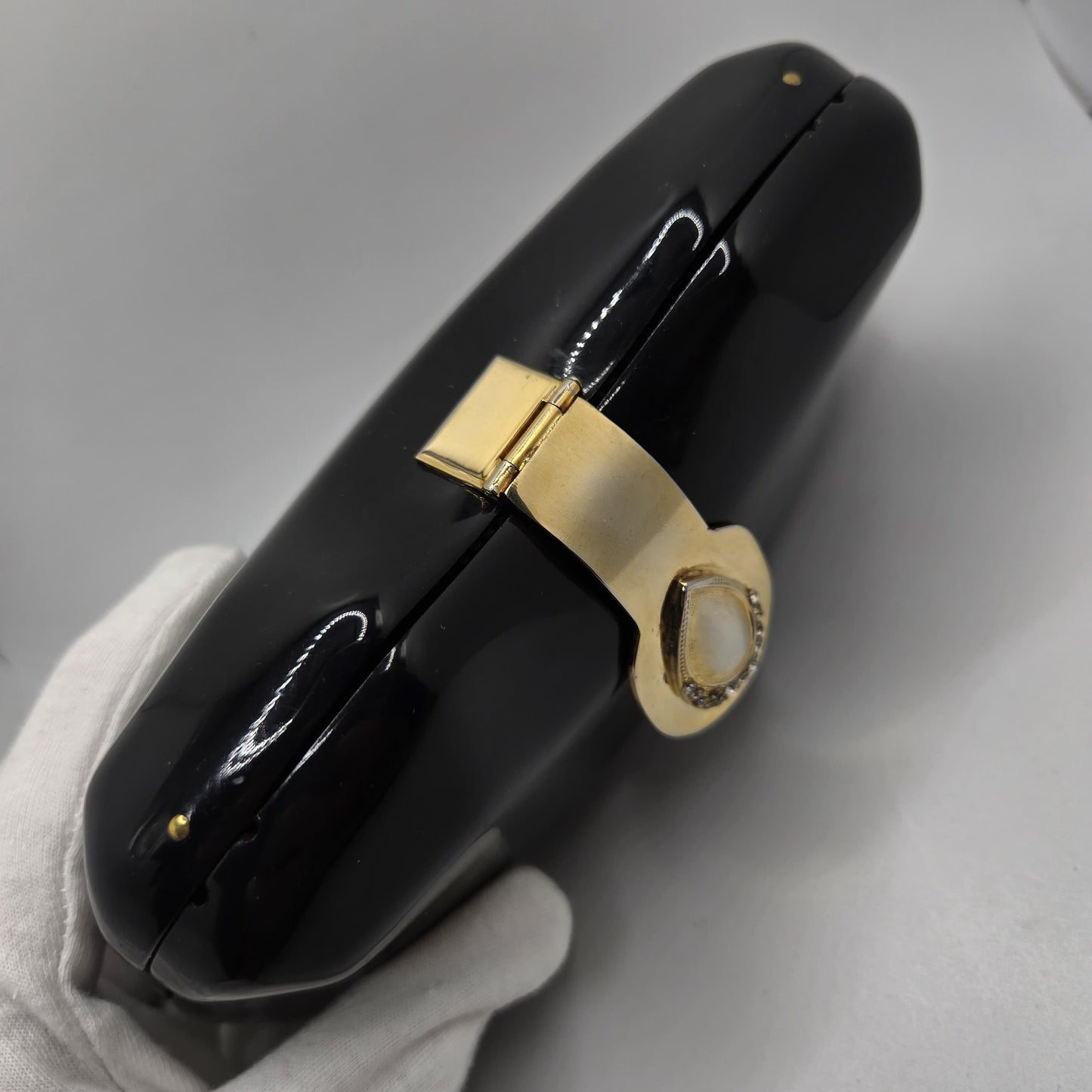 Vintage LE-ANN Black Lucite Hard Clutch with Gold-Tone Shoulder Chain & Rhinestone Accents Evening Purse