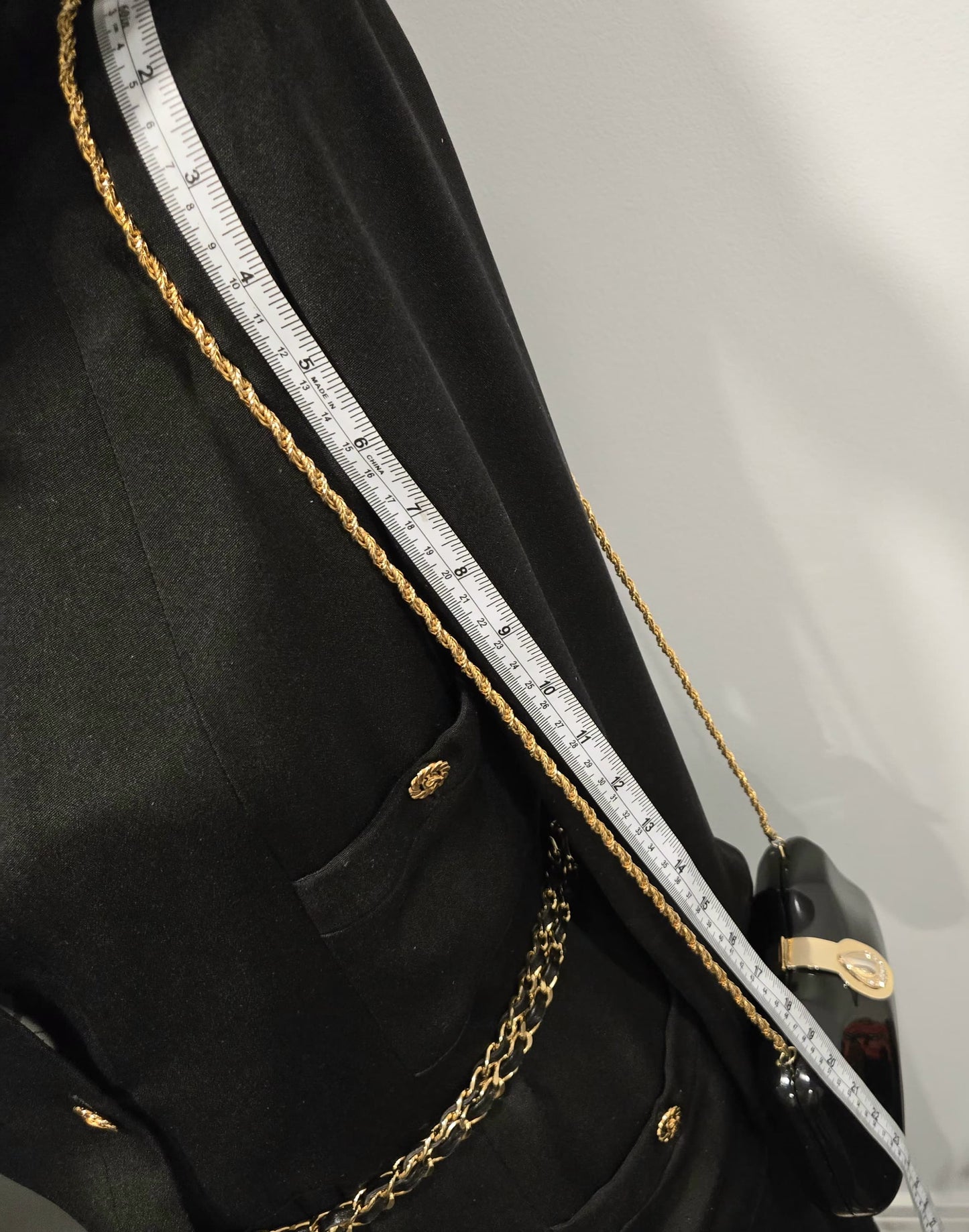 Vintage LE-ANN Black Lucite Hard Clutch with Gold-Tone Shoulder Chain & Rhinestone Accents Evening Purse