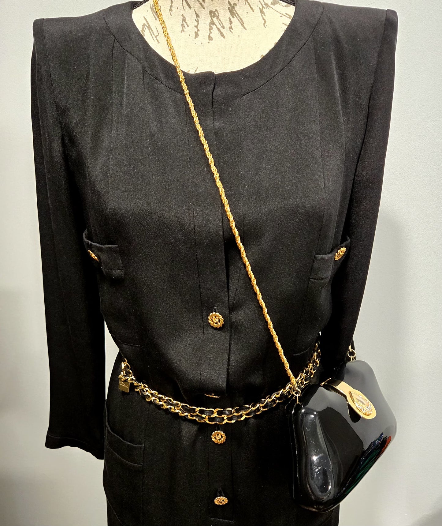 Vintage LE-ANN Black Lucite Hard Clutch with Gold-Tone Shoulder Chain & Rhinestone Accents Evening Purse