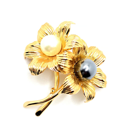 Vintage GROSSE 1964 for Christian Dior Gold Tone Double Flower Faux White & Black Pearl Brooch Pin