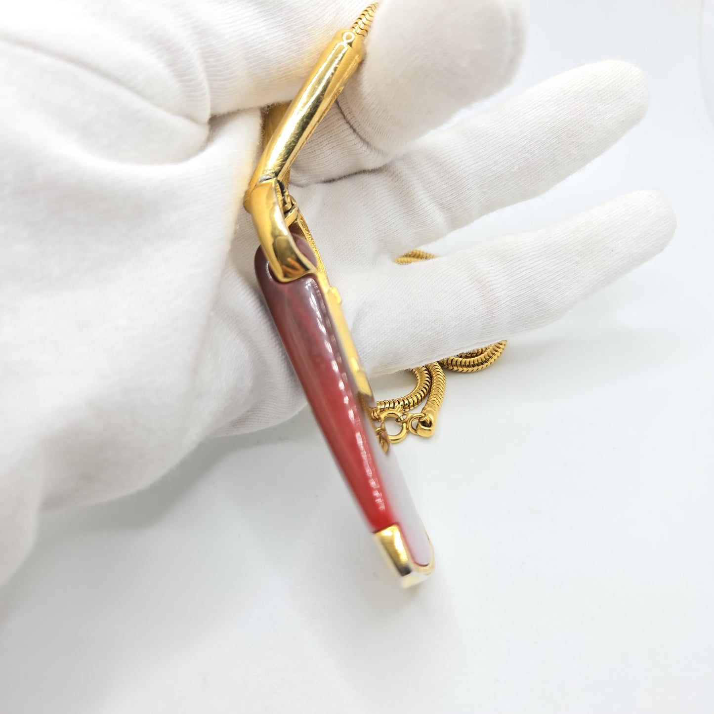 Vintage Crown Trifari Modernist Red Lucite Gold Tone Snake Chain Pendant Necklace