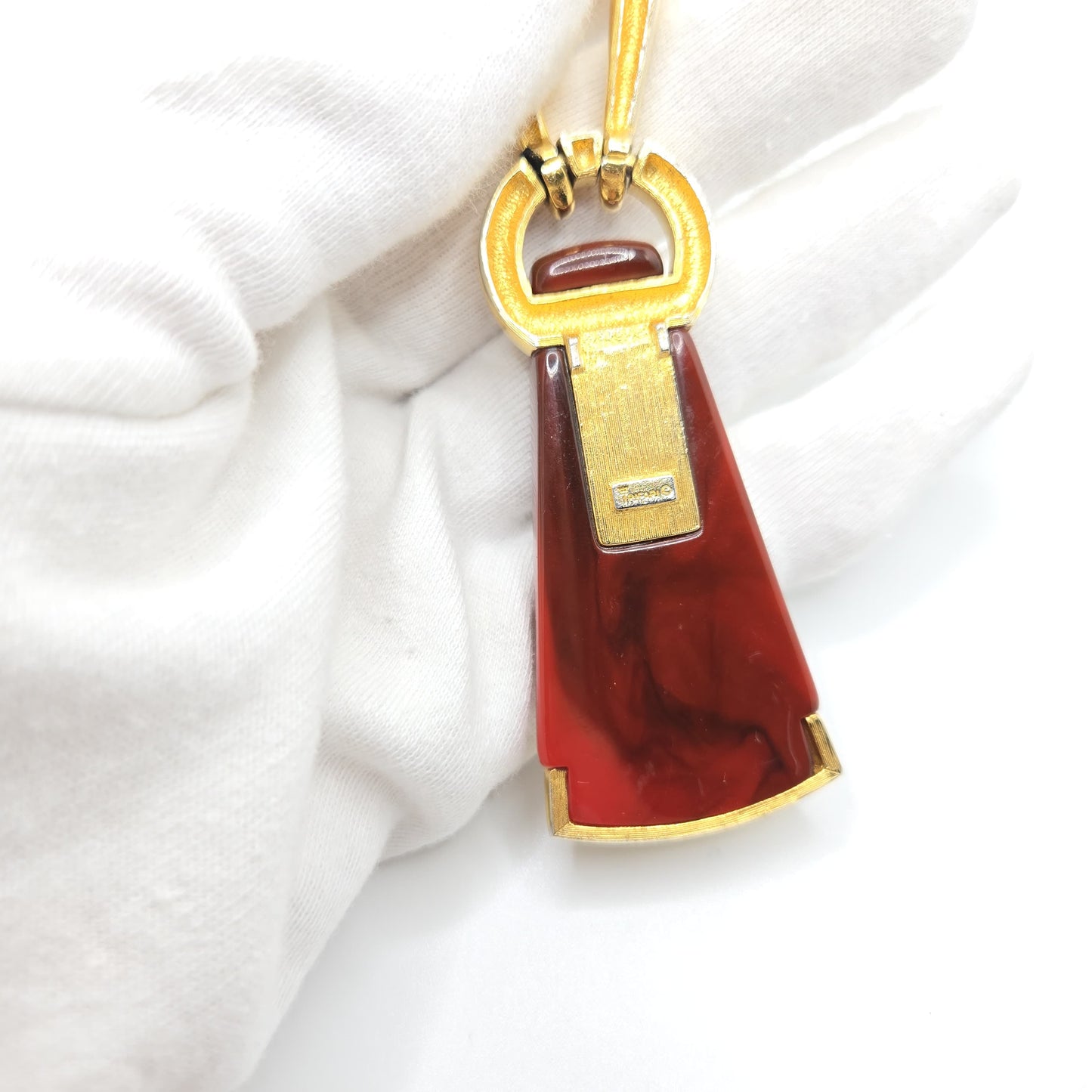 Vintage Crown Trifari Modernist Red Lucite Gold Tone Snake Chain Pendant Necklace