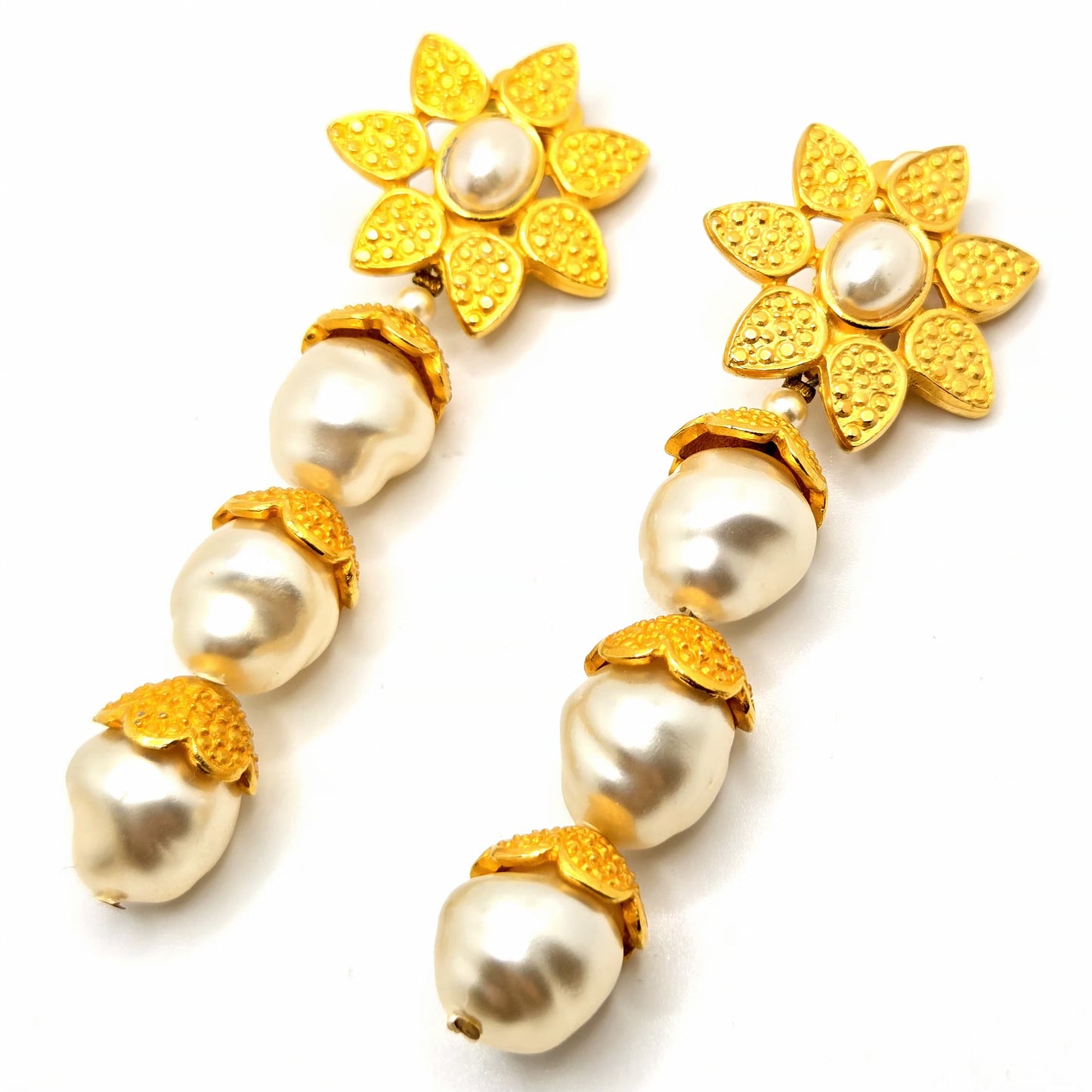 Vintage Huge Designer Runway Gold Tone Flower Faux Pearl Dangle Clip-On Earrings