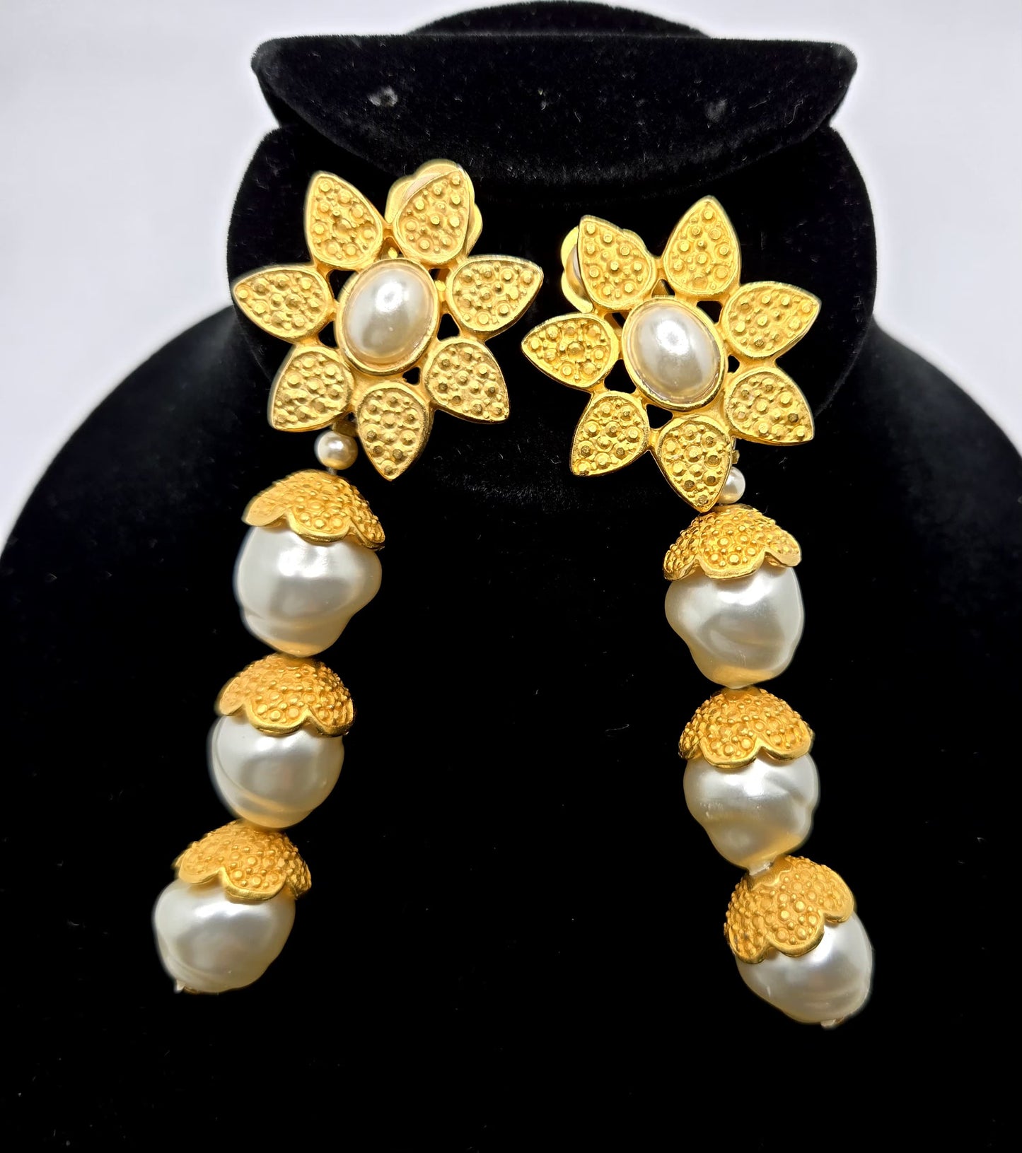 Vintage Huge Designer Runway Gold Tone Flower Faux Pearl Dangle Clip-On Earrings